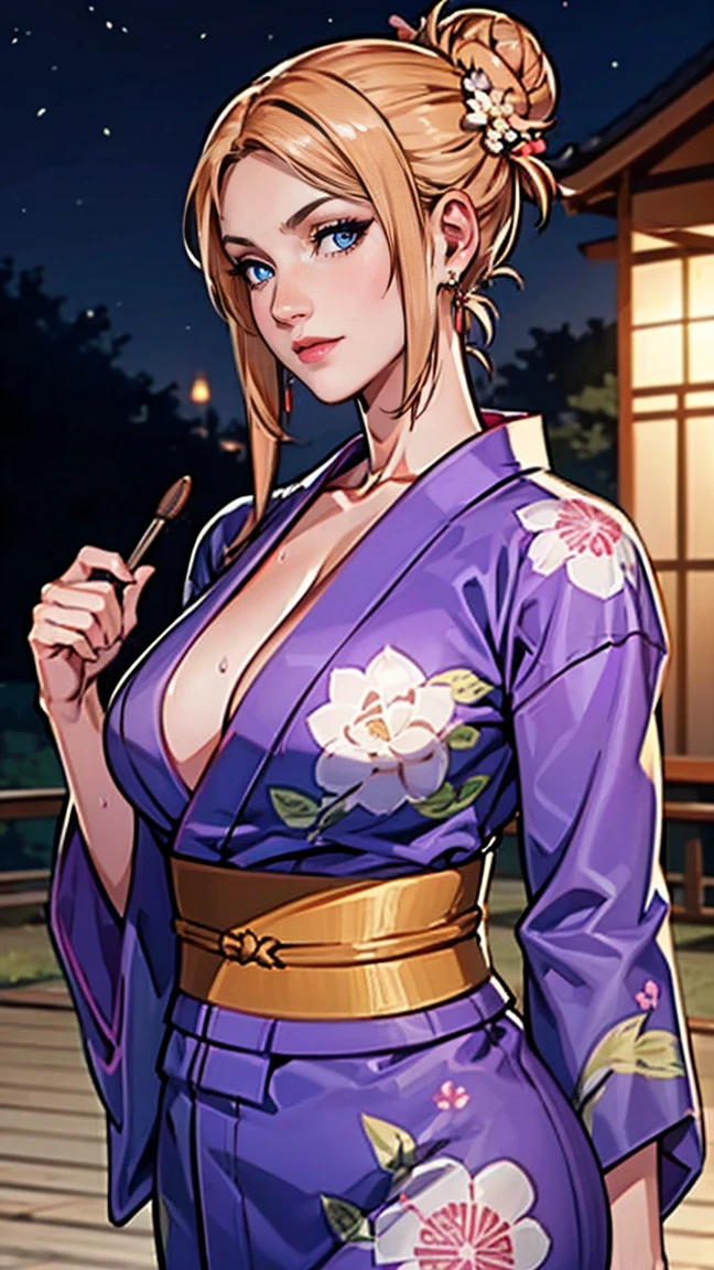 ((cllose-up, close up, austere, (model, muse, goddess, stunning, seductive), ((floral yukata Violet, Violet yukata, print floral)), hair ornament, summer festival, fireworks, night, temple, parading, stunning, seductive, muse, goddess, model, sensual)), (1girl, solo, Reina Morimoto, morimoto_reina, (blue eyes, hair bun, high bun of hair), lipstick, gold earrings)), ((muscular, fitness)), mole on the face, sensual pose, oily, wet body, Beautiful