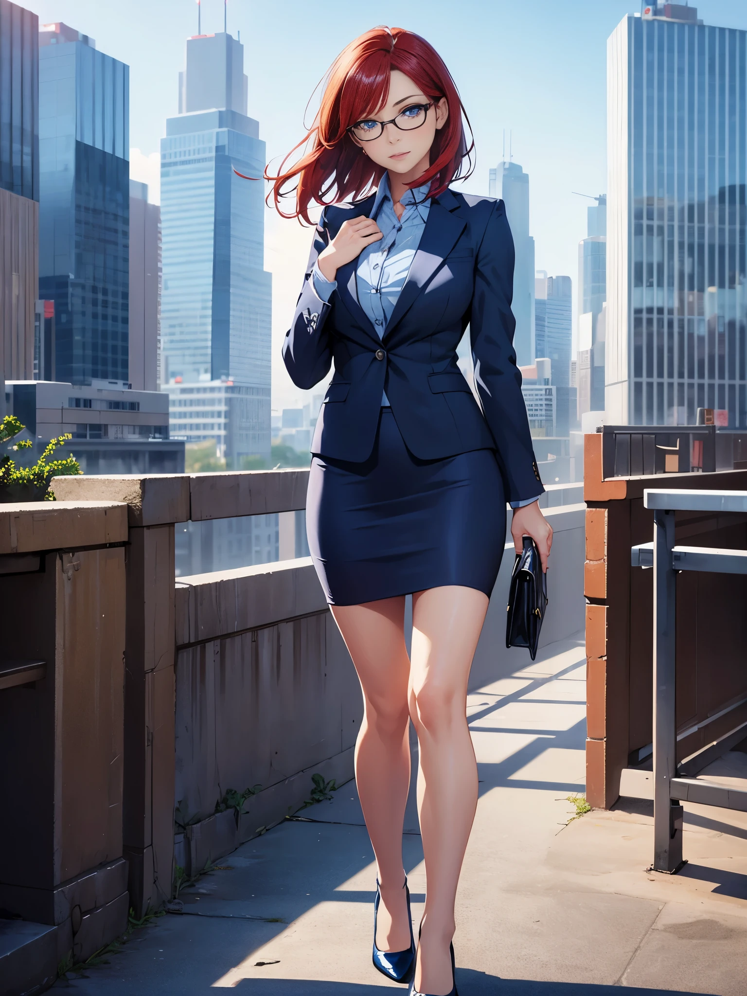 1girl, medium breasts, bare legs, shoes, shoes, city backdrop, solo, single, standing, full body shot, cowboy shot, beautiful detailed eyes, blue eyes, mature lady, glasses, office lady, blue suit, blue pencil skirt, miniskirt, red hair, bob hair