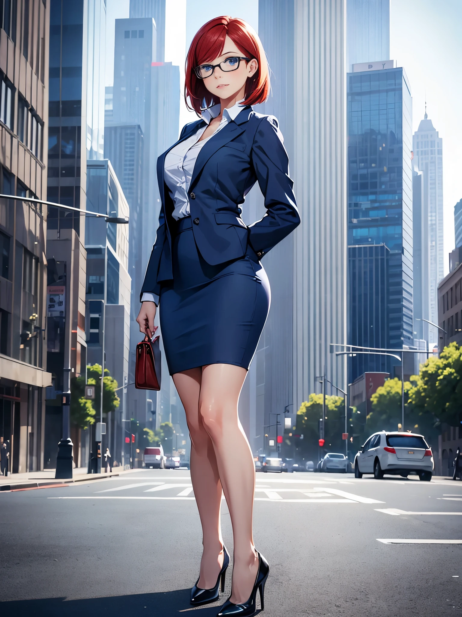 1girl, medium breasts, bare legs, shoes, shoes, city backdrop, solo, single, standing, full body shot, cowboy shot, beautiful detailed eyes, blue eyes, mature lady, glasses, office lady, blue suit, blue pencil skirt, miniskirt, red hair, bob hair