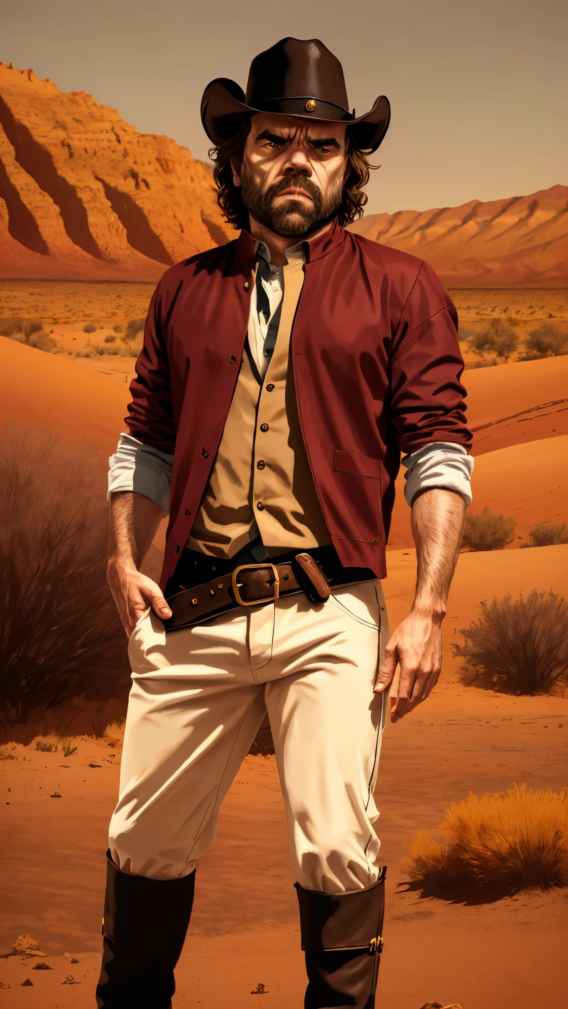 R3DD34Dstyle, Peter Dinklage as Tyrion Lannister, maroon clothes, cowboy hat, scar on face, revolver, in a desert, 1man, solo, full body view, beautiful detailed glow, detailed, cinematic light, intricate detail, realistic, highres, detailed face, detailed eyes, detailed facial features, high detail, sharp focus, smooth, aesthetic, extremely detailed, stamp, octane render