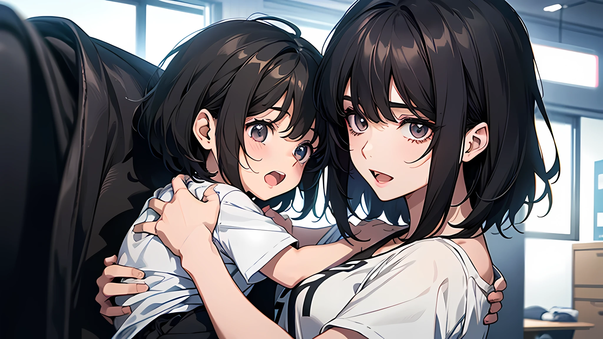 A long black haircut,Woman in white T-shirt holding a with short black hair in kindergauth 1.5)(The background is Kindergarten 1.5)style of anime4 K,Anime rendering,style of anime。8K,(Upper body display 1.8)(Woman 1.8)(Cinematic lighting 1.5)(Master masterpieces:1.4)(Ultra-high detail1.5)(Best quality1.5)