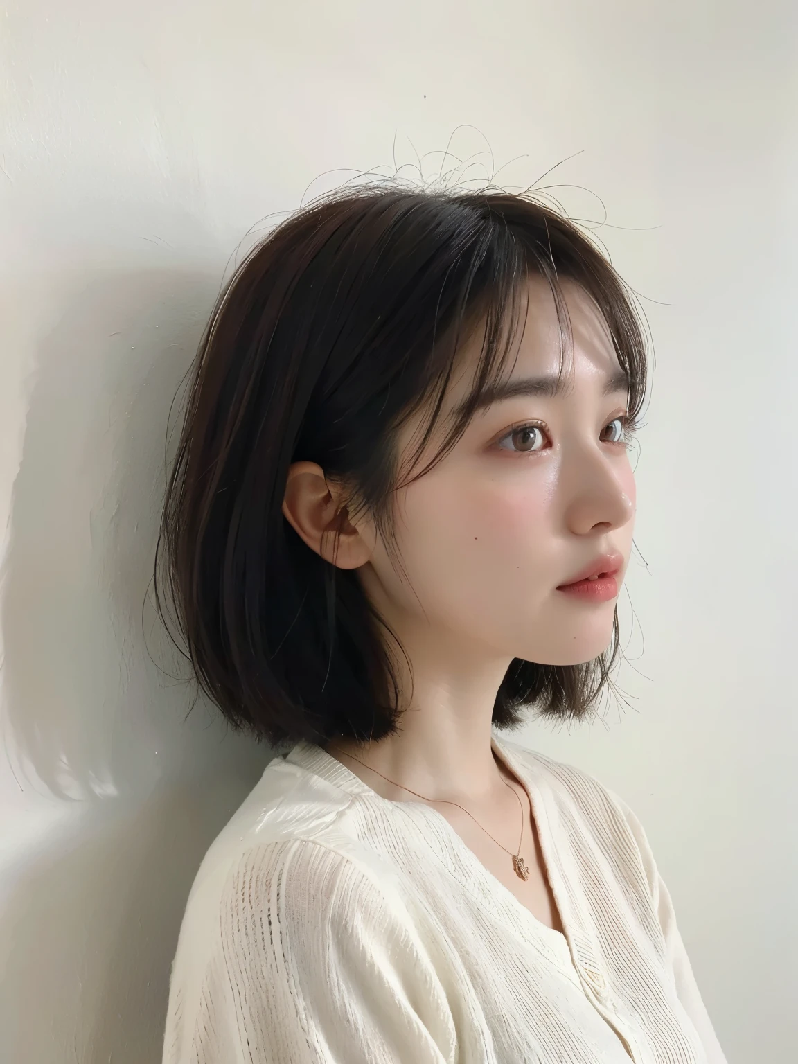 ((highest quality, 8K, masterpiece :1.3)), 1 girl, (bob hair、short hair,Taken in front of a white wall :1.2)、Shot in natural light、pastel cardigan :1.1, Angle from above、super detailed face, fine eyes,(Highly realistic photos, High resolution, detailed face, fine eyes)、japanese woman, 35 years old, Variety of facial expressions, alone:1, different hairstyles, casual clothes, Only one person appears in the photo、long sleeve dress、Shot in natural light、simple necklace、Spring clothes、Don't look at the camera、profile、Dark brown hair color