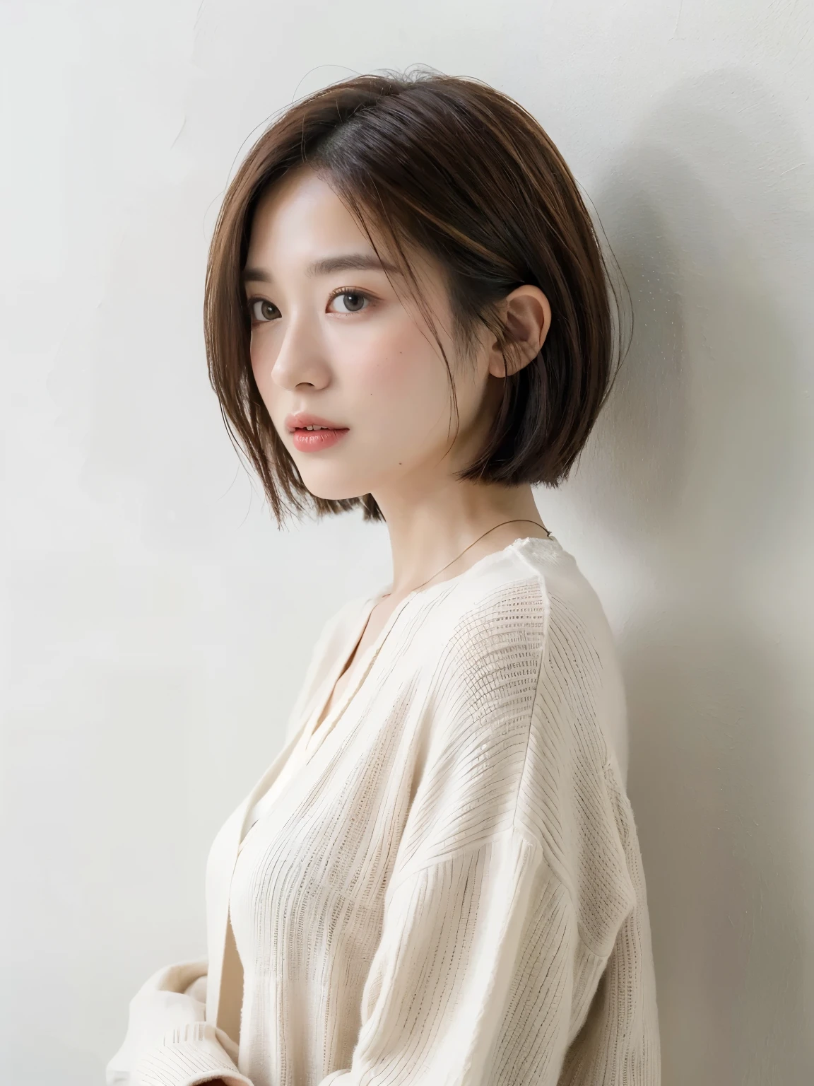 ((highest quality, 8K, masterpiece :1.3)), 1 girl, (bob hair、short hair,Taken in front of a white wall :1.2)、Shot in natural light、pastel cardigan :1.1, Angle from above、super detailed face, fine eyes,(Highly realistic photos, High resolution, detailed face, fine eyes)、japanese woman, 35 years old, Variety of facial expressions, alone:1, different hairstyles, casual clothes, Only one person appears in the photo、long sleeve dress、Shot in natural light、simple necklace、Spring clothes、Don't look at the camera、profile、Dark brown hair color