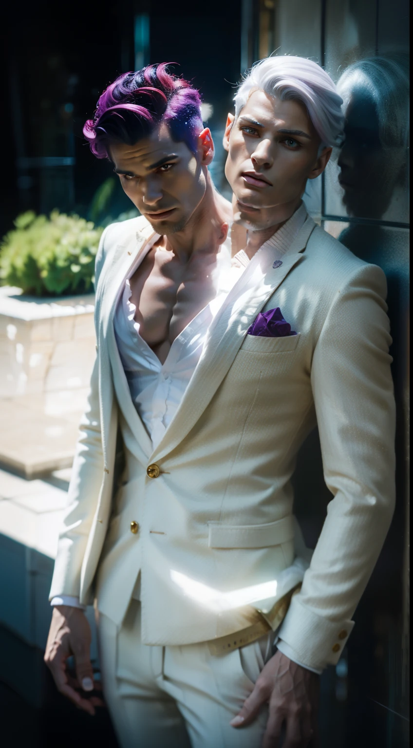 (((2heads))), conjoined dicephalus,adult man with a pink hai mohawk next to a man with a high purple ponytail, golden eyes, white suit with gold elements, Masterpiece, hiquality, delicate face with soft features, soft skin, long eyelashes, , realistic, 8k, feminine face, body of a slender man