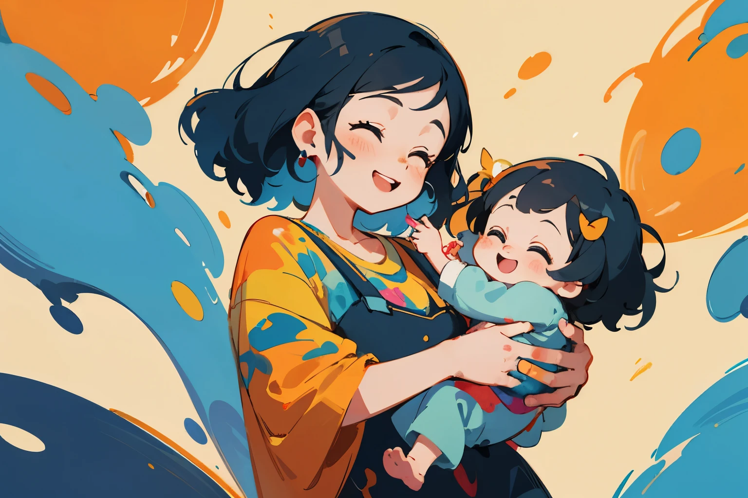 a mother holding a , happy face, cute, cute babylorful background, paint splash background, disney-like, illustration, modern illustration, colourful artwork