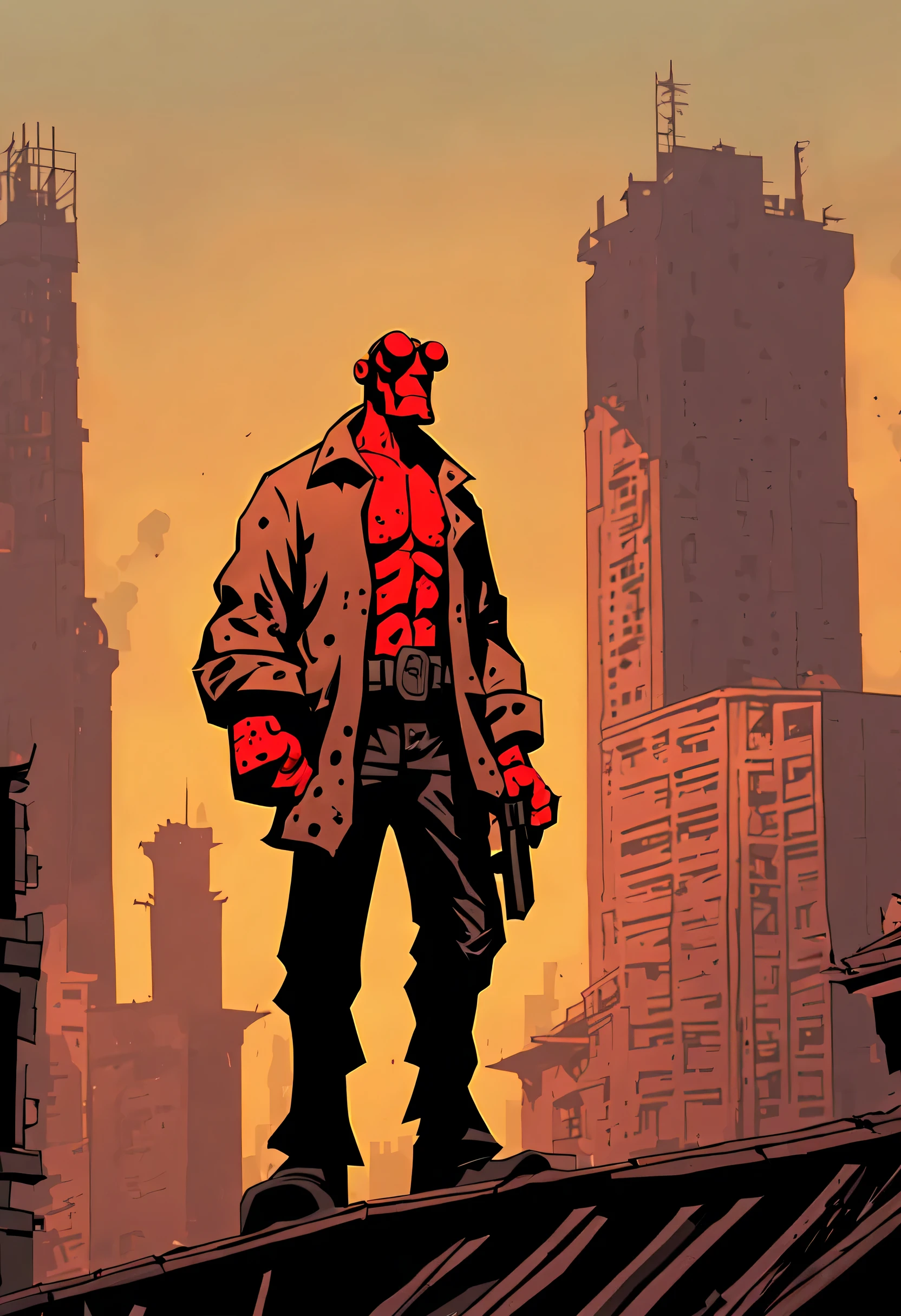 Mike Mignola Style - wolfman character in jakarta slum, comic quality, cinematic shot, dynamic angles, breathtaking background, comic style