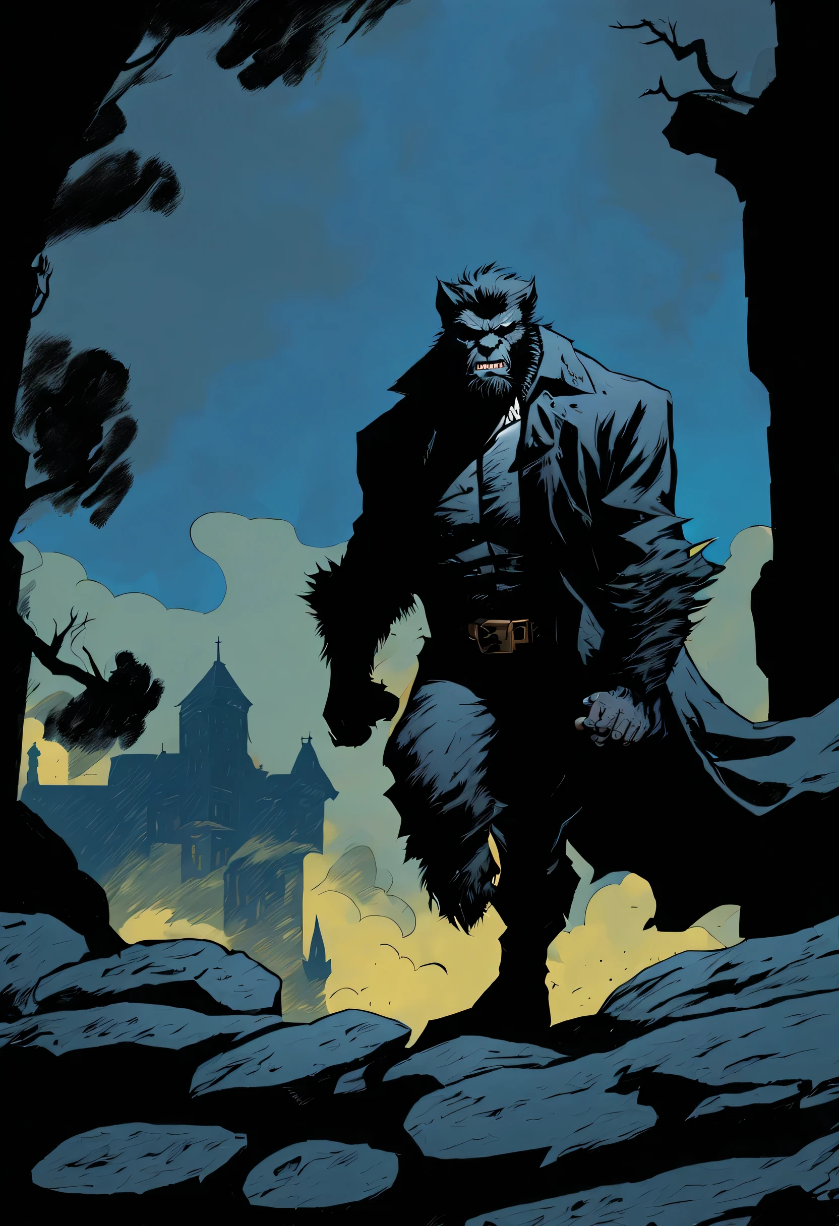 Mike Mignola Style - wolfman character in jakarta slum, comic quality, cinematic shot, dynamic angles, breathtaking background, comic style