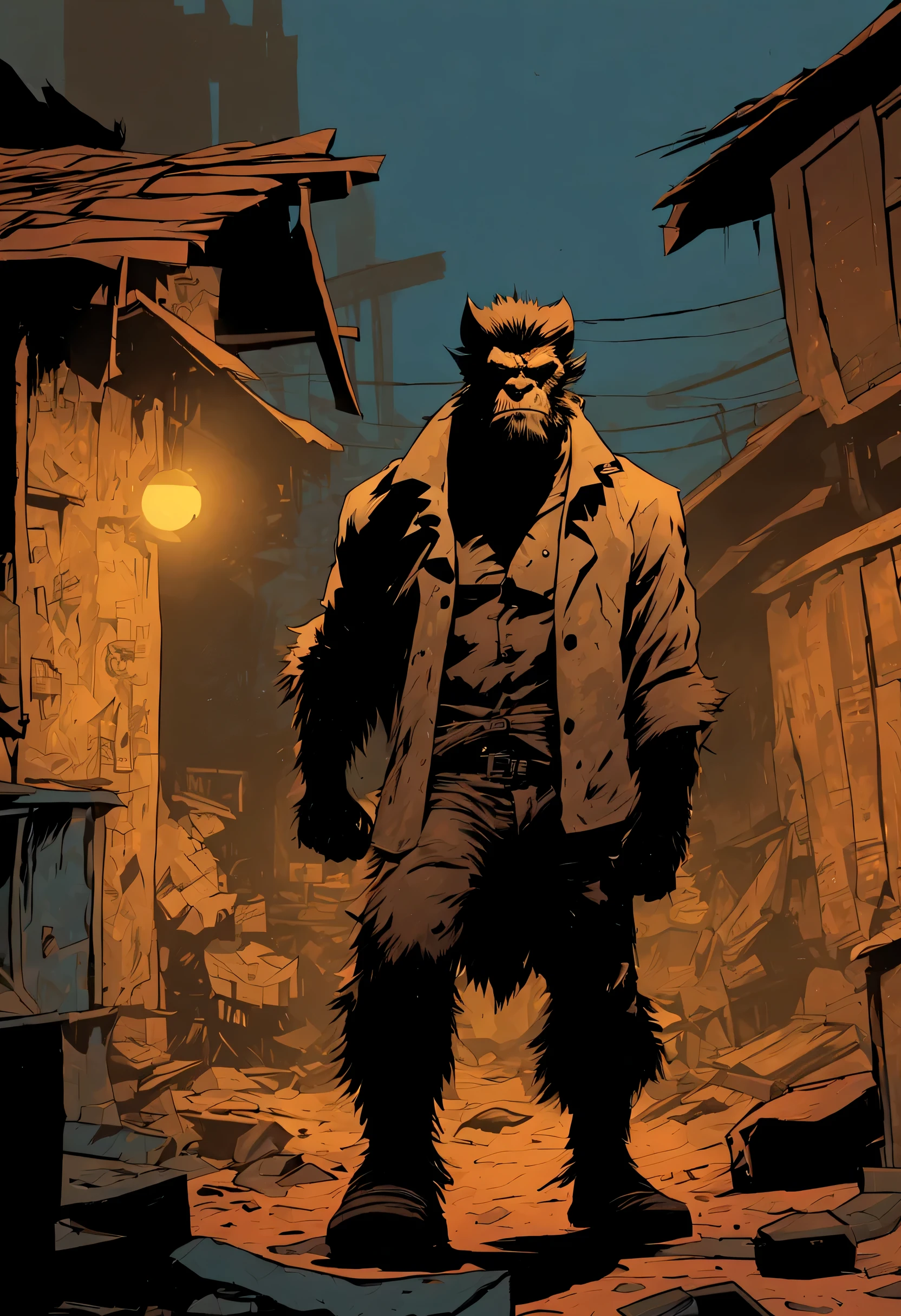 Mike Mignola Style - wolfman character in jakarta slum, comic quality, cinematic shot, dynamic angles, breathtaking background, comic style