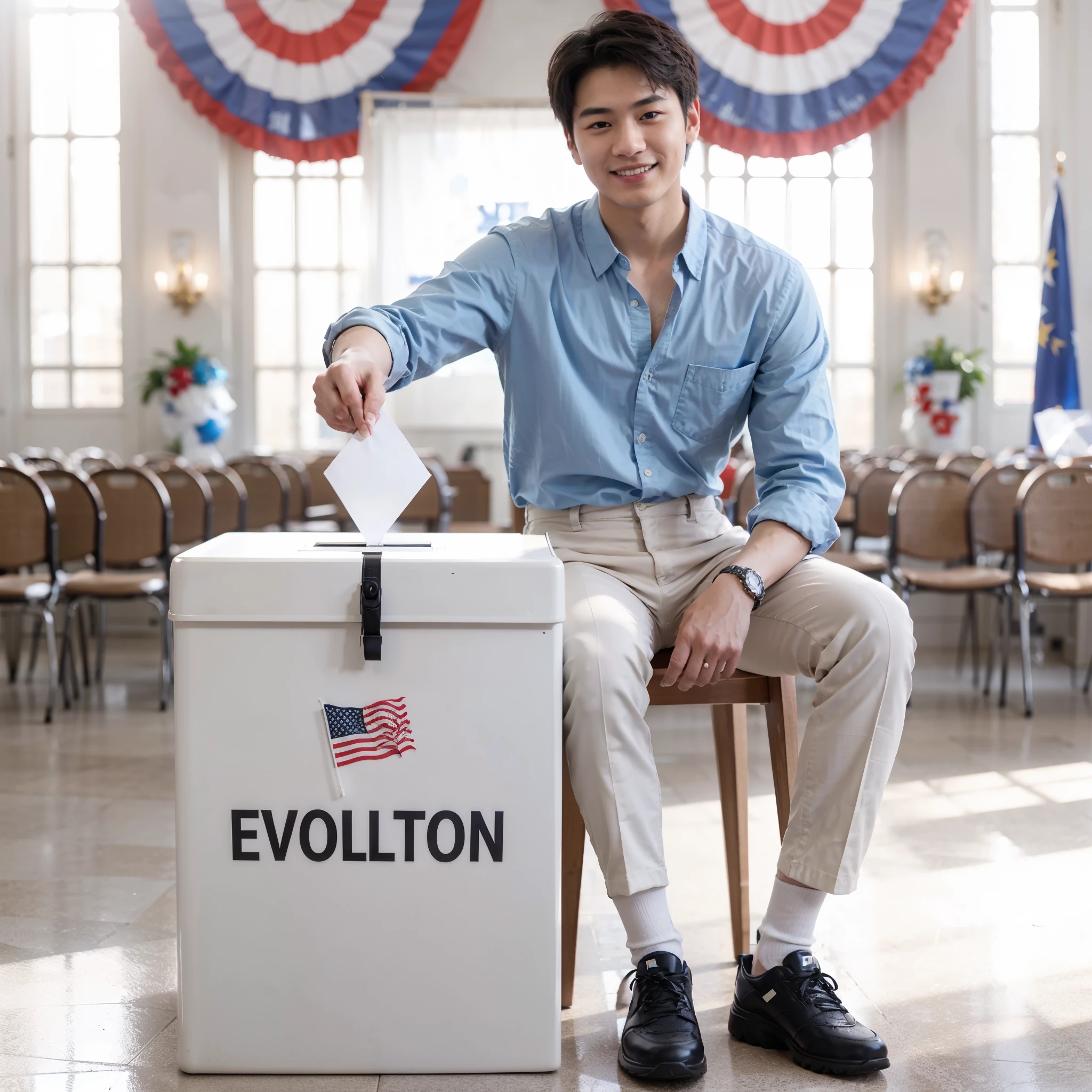 Realistic photo of a 25 year old korean man, trapezoid fit body, two block hair, wearing a sky blue shirt, cream trousers, shiny black shoes inserting a ballot into election ballot box while smiling at the Election with the background of election atmosphere merry. with elements that reflect the democratic proces, eye level angle, eye to camera. Realistic, Hyperrealistic, 800mm lens, focus photo, deep focus, very detailed, taken with hasselblad x2d, nature photo, professional photography, (bright color ):1.25