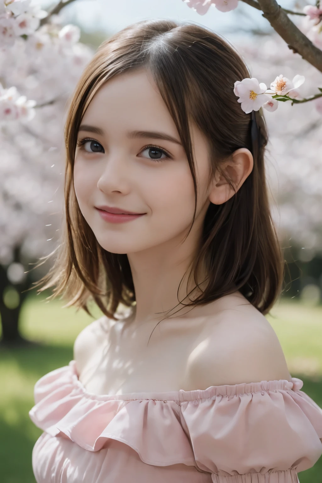 Masterpiece, Best quality, 8k, 18 ans, Photo brute, absurdes, Award-winning portrait, sourire, sourire, pure, french, pink dress, spring, , orchard in bloom, German