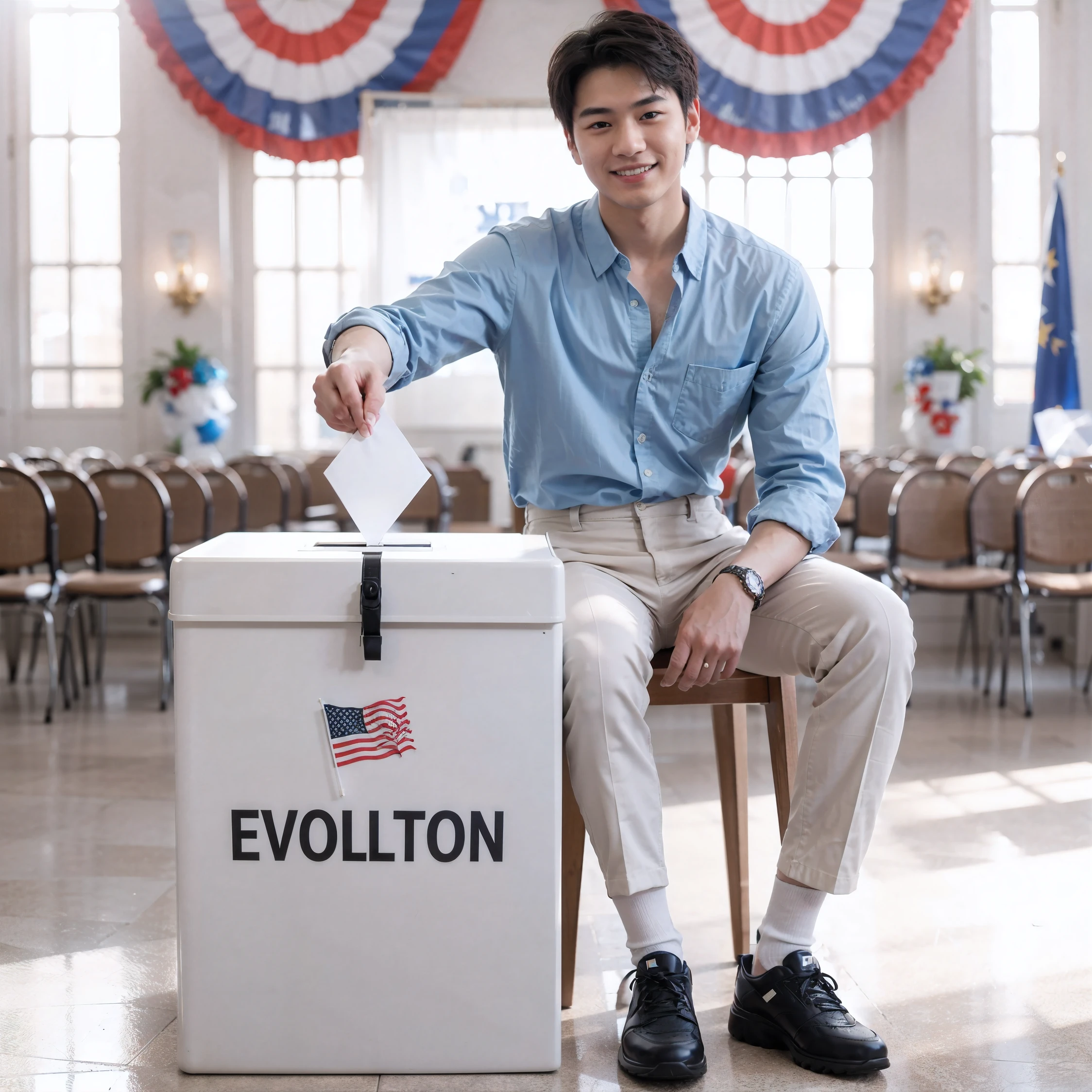 Realistic photo of a 25 year old korean man, trapezoid fit body, two block hair, wearing a sky blue shirt, cream trousers, shiny black shoes inserting a ballot into election ballot box while smiling at the Election with the background of election atmosphere merry. with elements that reflect the democratic proces, eye level angle, eye to camera. Realistic, Hyperrealistic, 800mm lens, focus photo, deep focus, very detailed, taken with hasselblad x2d, nature photo, professional photography, (bright color ):1.25