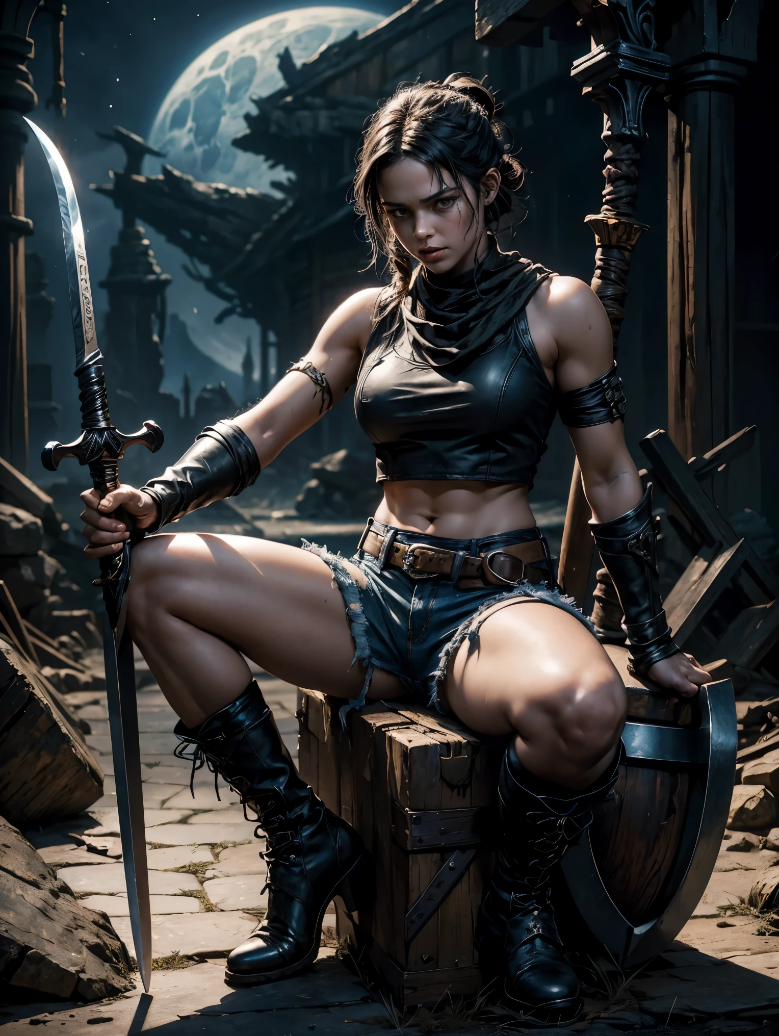 masterpiece. macabre, horror fantasy. detailed epic fantasy oil painting of beautiful blacksmith Rey Skywalker. detailed stylish blacksmith costume, bandana, boots, denim shorts for the summer. athletic. gently slightly biting hammer with tongue. night. she leaning on anvil and sword. background event horizon. sweating.