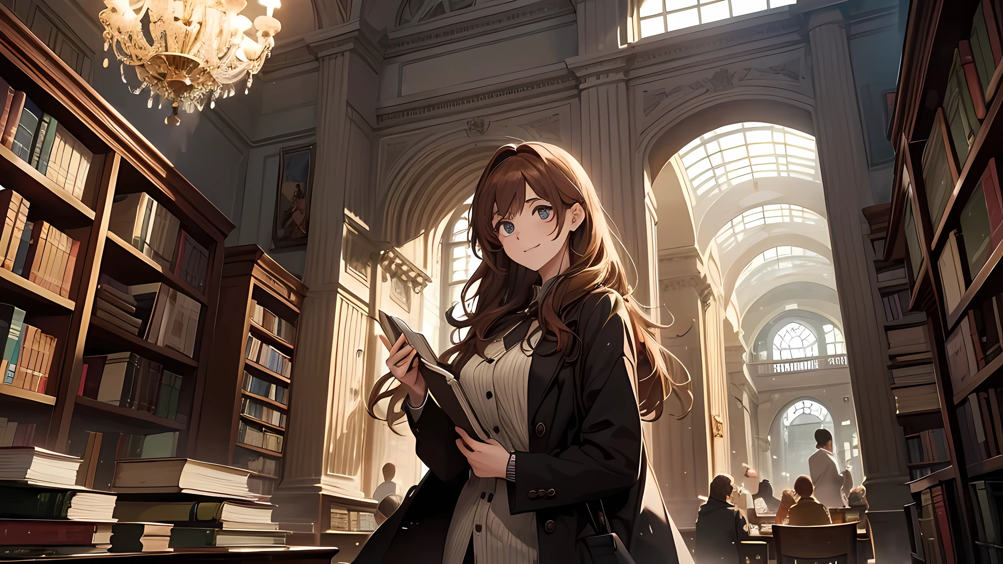 In the heart of bustling New York City, where the cacophony of sounds fills the streets, lies a haven of tranquility—the public library. Amidst the towering shelves of books, a beautiful 21-year-old librarian named Emily takes solace in her world of literature and knowledge. With her hazel eyes sparkling with curiosity and her warm smile welcoming visitors, Emily exudes a charm that captivates the hearts of all who enter the library. Her auburn hair cascades gently over her shoulders, adding to the enchanting aura that surrounds her. Growing up surrounded by books and stories, Emily's passion for literature led her to pursue a career as a librarian. As she strolls among the shelves, she seems to dance amidst the wisdom of the ages, guiding visitors with grace and insight to find their perfect literary companions. Each day in the library presents a new adventure. Emily enjoys helping patrons discover hidden gems, sharing recommendations based on their interests, and engaging in thoughtful discussions about books and authors. The library becomes not just a place to borrow books but a hub of connection and community. Beyond her role as a librarian, Emily also enjoys curating special events and programs for the library visitors. From poetry readings to book clubs and workshops, she creates opportunities for people to come together, fostering a sense of belonging in the heart of the city. As the summer sun streams through the library windows, casting gentle patterns on the polished floors, Emily finds herself drawn to the enchanting stories within the pages of the books. During her breaks, she retreats to a cozy corner, immersing herself in the world of fiction, her imagination soaring to distant lands and captivating adventures.
