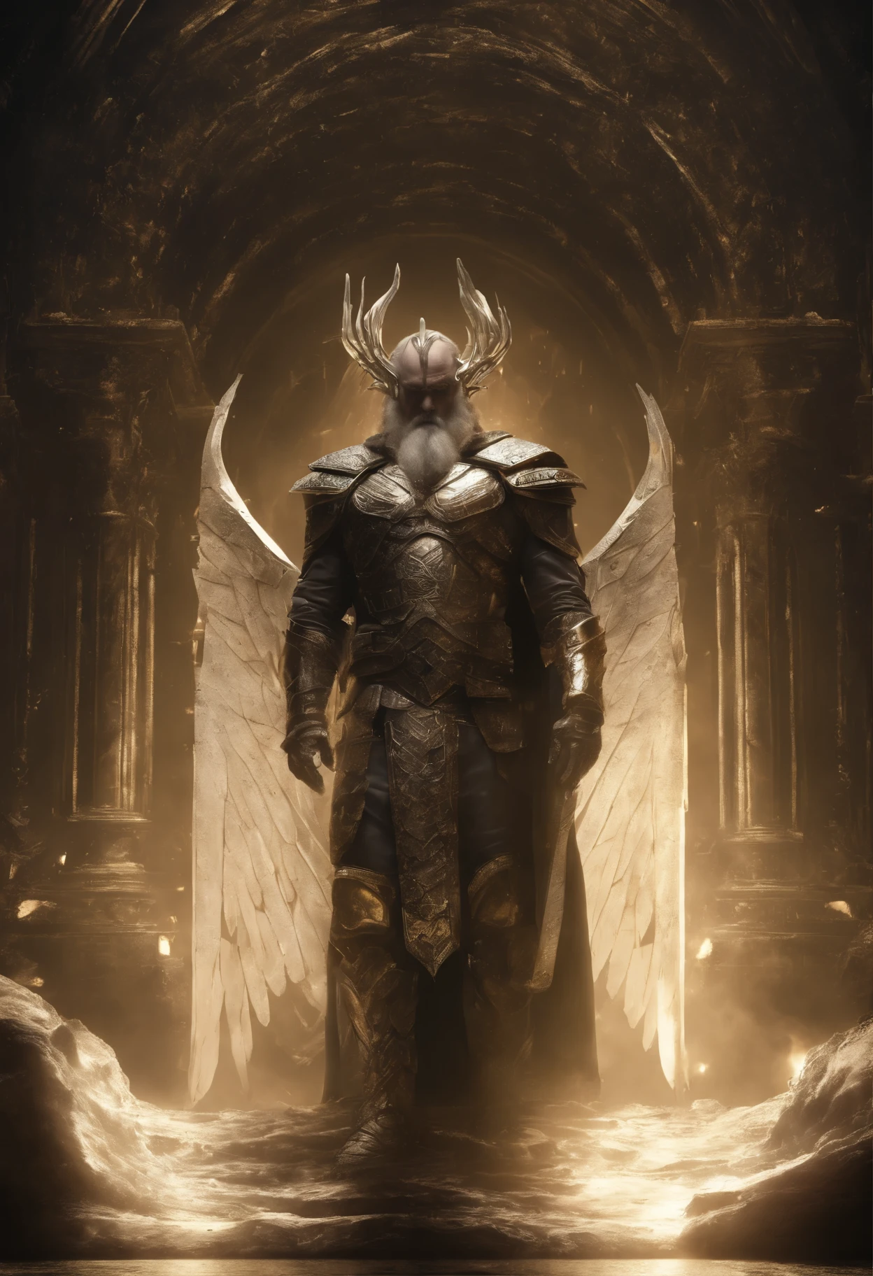 ultra high resolution, highest quality, photograph, 8K, (photorealistic: 1.2), movieのような照明, An old man shaped like a Phantaslop, Huge bearded man in bright white robes floating on a crystal throne, floating in a crystal cloud, yellow eyes, Bright yellow light emanating from the throne, Jewels in the sky, god、With the rays of light surrounding his body、 A crystal throne with large translucent feather wings.、the wings are open、golden light above the head(Hello:1.2)、Abs in medieval golden armor、beard、male、dark、masterpiece、highest quality、intricate details、background snow environment and crystal、Crystal Cathedral、Portal of the future、3D light、HD、magic、光のgod、Backlight、detailed face、 fear、Depth of bounds written、soft lighting、mapped tones、extremely detailed concept art、Smooth and sharp focus、dramatic lighting、highly detailed art、movie、8K、Amazing Shadows(highly detailed background:1.2)、viking、Spartan、Fight、Blood、Sweat、war、full body image、I have Bjorn in my left hand。