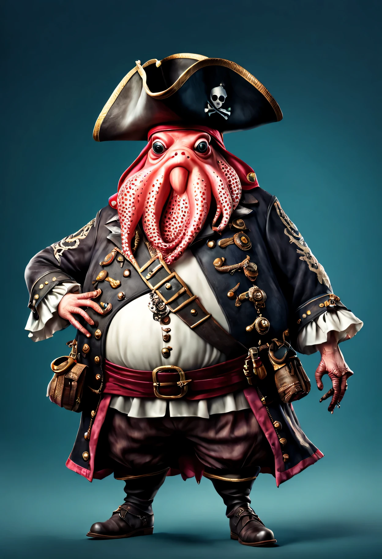 photorealistic portrait of Dressed animals - a ((fat)) squid pirate,(brave pose), high quality,(lovely) ,intricate details, highly detailed ((pirate's hat and clothes)) ,,highly detailed decorations, , (brave), studio lighting,(full body image:1.5)