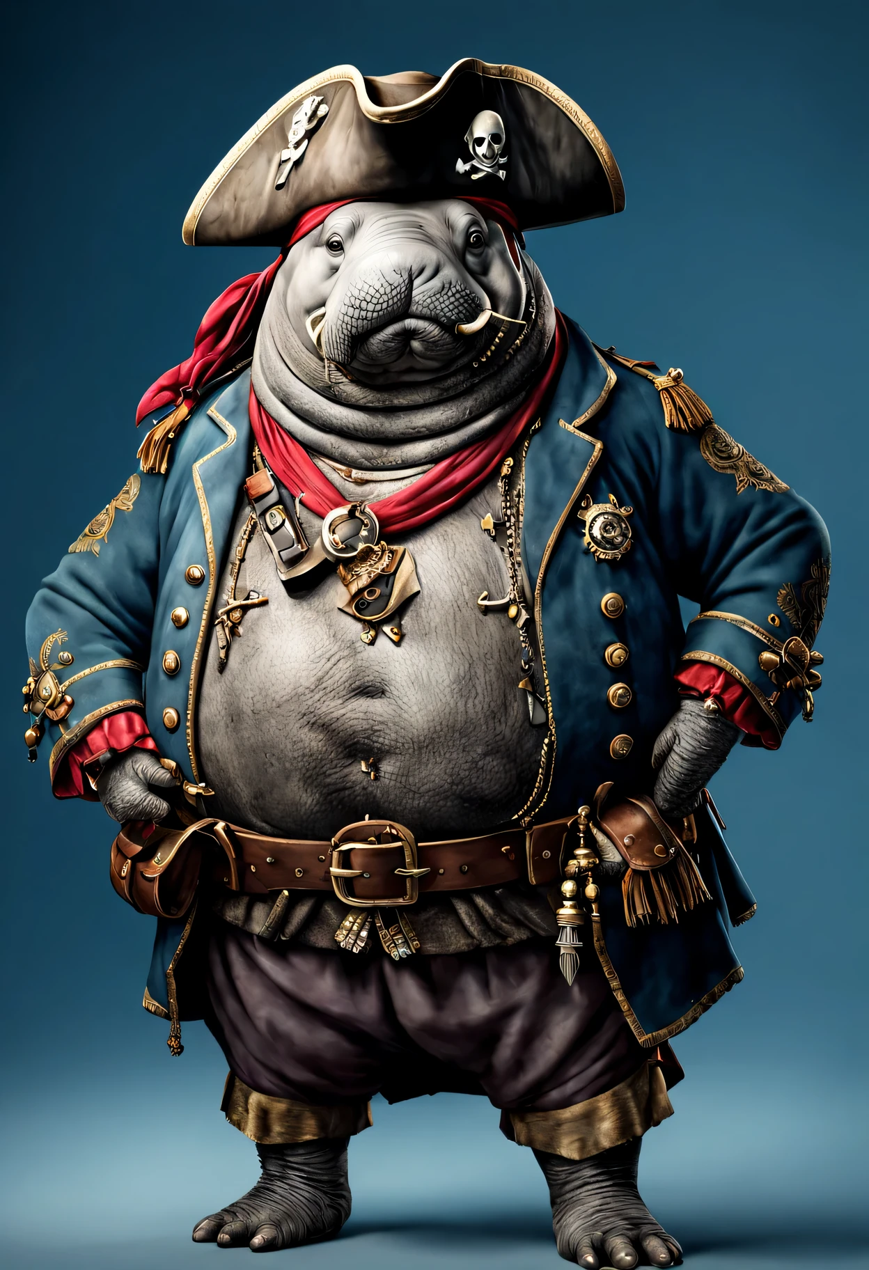 photorealistic portrait of Dressed animals - a ((fat)) manatee pirate,(brave pose), high quality,(lovely) ,intricate details, highly detailed ((pirate's hat and clothes)) ,,highly detailed decorations, , (brave), studio lighting,(full body image:1.5)
