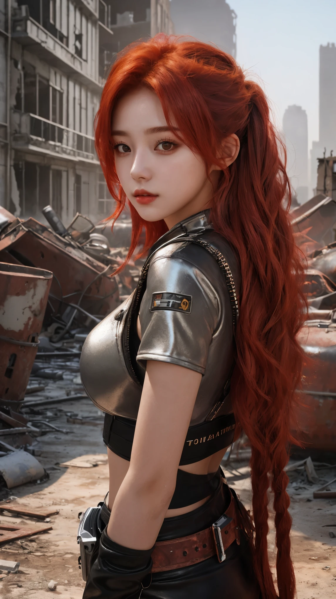 a upper image portrait photo of 21 y.o woman in wastelander clothes,red hair fluffy, shiny skin,slim body,background is city ruins,(high detailed skin:1.2),8k uhd,dslr,soft lighting,high quality, idol kpop, unusual fashion choices, unusual hairstyles choices,