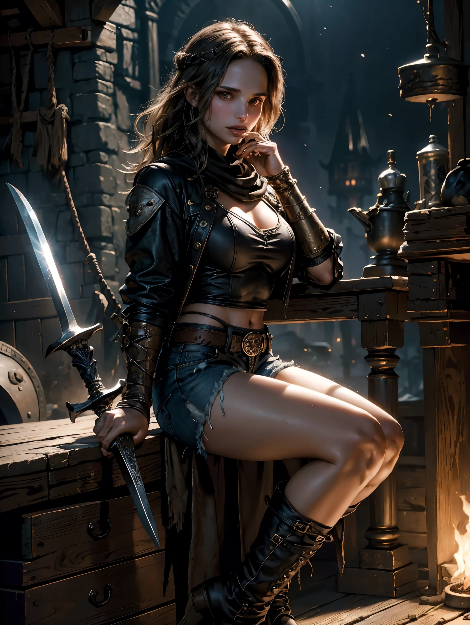 masterpiece. macabre, horror fantasy. detailed epic fantasy oil painting of beautiful blacksmith Natalie Portman. detailed stylish blacksmith costume, bandana, boots, denim shorts for the summer. athletic. gently slightly biting hammer with tongue. night. she leaning on anvil and sword. background event horizon. sweating.