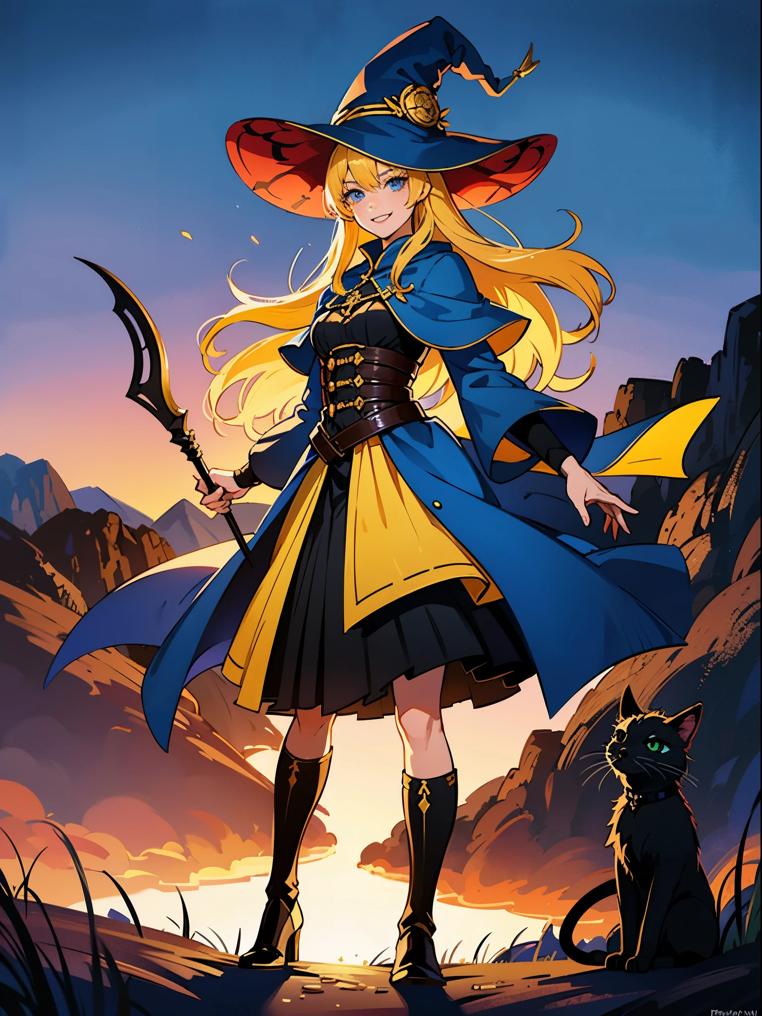 8k wallpaper, masterpiece, movie lighting, Beautiful female wizard, tall, yellow hair, blue eyes, blue robes, detailed face, full body, medieval, fantasy, action pose, large witch hat, smile, Sunset, grasslands background, pet black cat, casting magic.