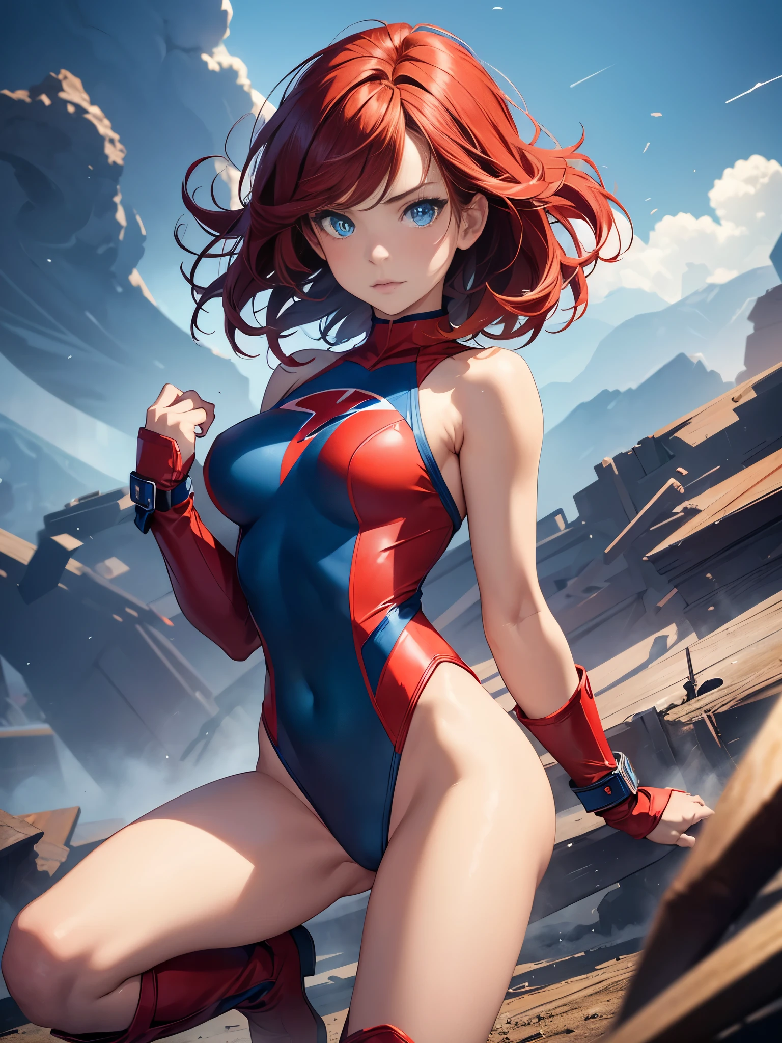 1girl, medium breasts, leotard, red leotard with blue accents, bare legs, boots, matching boots, bracelets, solo, single, spins fast in place like a tornado, full body shot, cowboy shot, beautiful detailed eyes, blue eyes, mature lady, red hair, bob hair, superhero, inside a tornado cloud