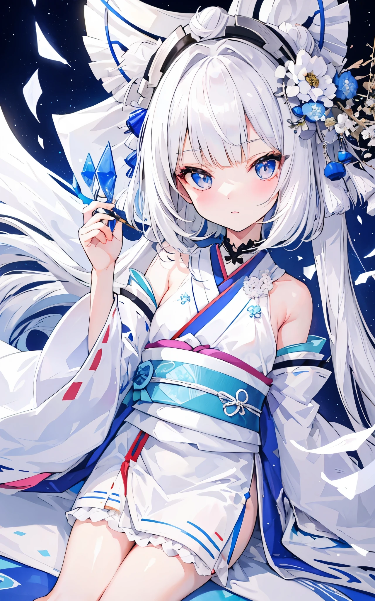 Silver-white hair，pupil，very stunning，Petite and cute little sweet girl，White blue Japanese kimono soft and waxy texture，Super cute