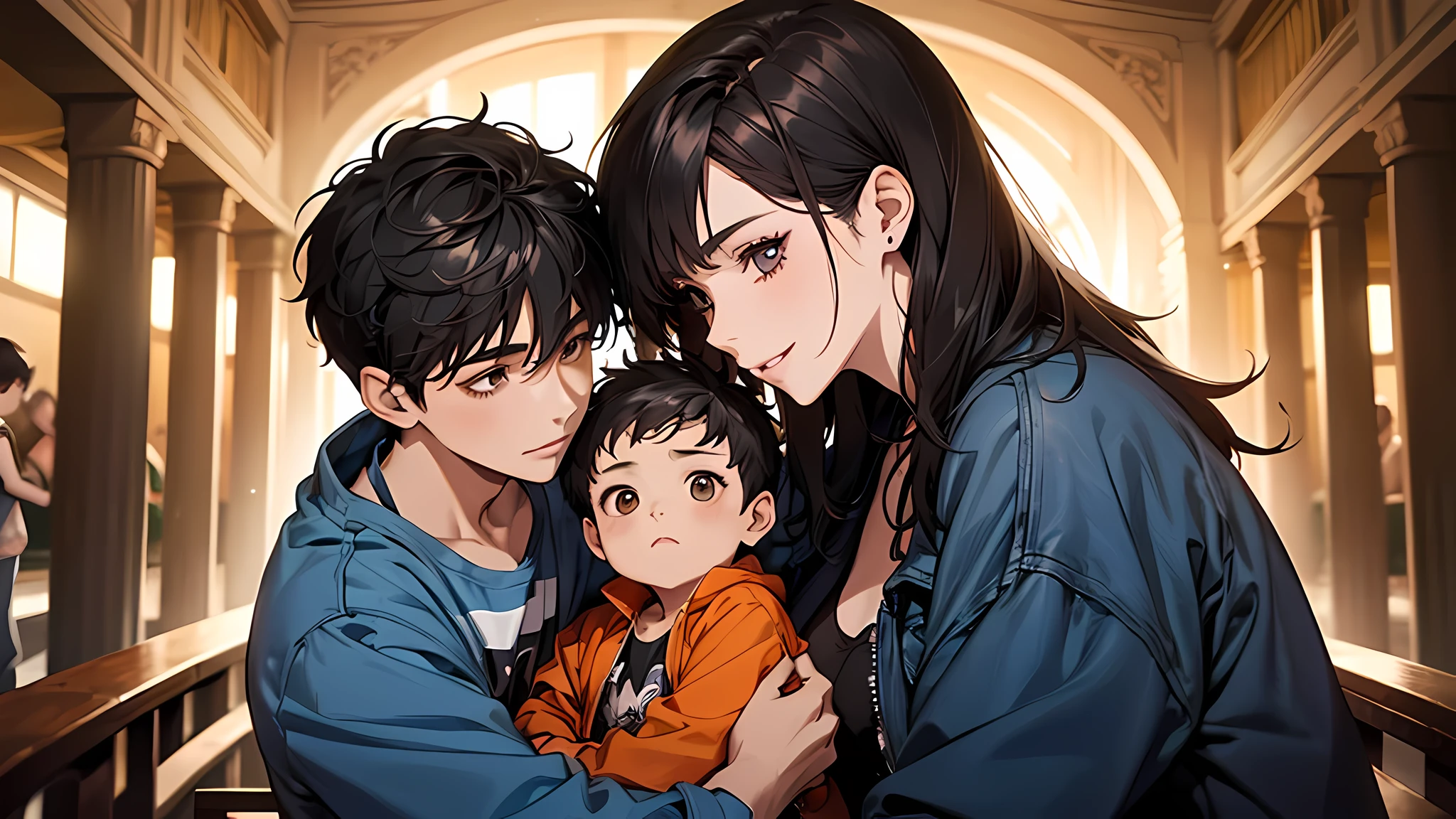 best qualtiy,tmasterpiece,超A high resolution,perfect anatomia,(fidelity:1.4),RAW photogr,ssmile,Children of short-haired boys,Woman with long hair and 2 year old boy with short hair,a woman and small boy, Mom and short-haired son,Gorgeous Mother And Smiley Boy,atlibrary,cowboy shot,cinmatic lighting,Parent and of fashion model,adolable,, (NSFW:1.2)、(Hugging a black-haired baby)、(Orange outerwear)(Long-haired mom and short-haired son)、