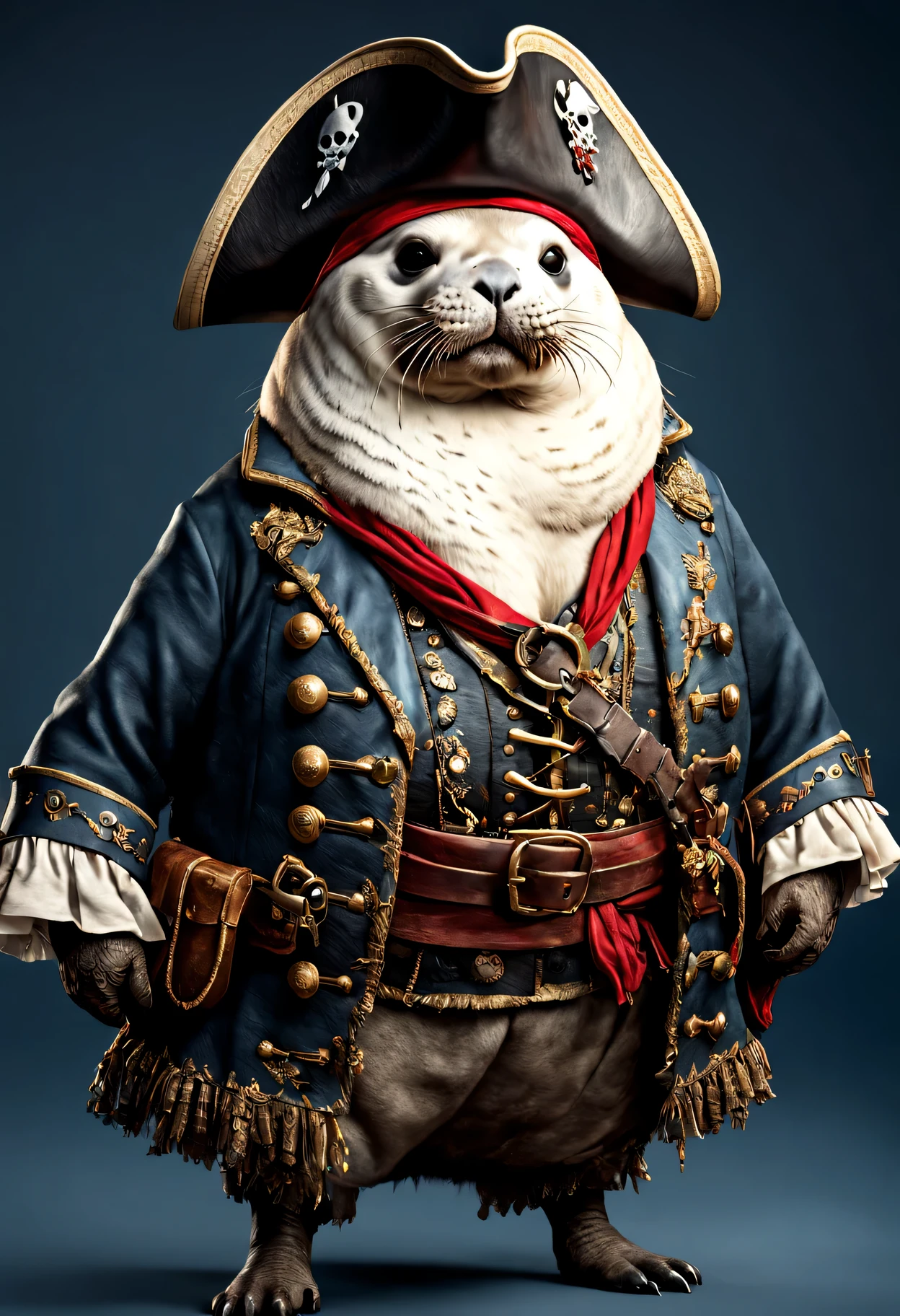 photorealistic portrait of Dressed animals - a ((fat)) seal pirate,(brave pose), high quality,(lovely) ,intricate details, highly detailed ((pirate's hat and clothes)) ,,highly detailed decorations, , (brave), studio lighting,(full body image:1.5)