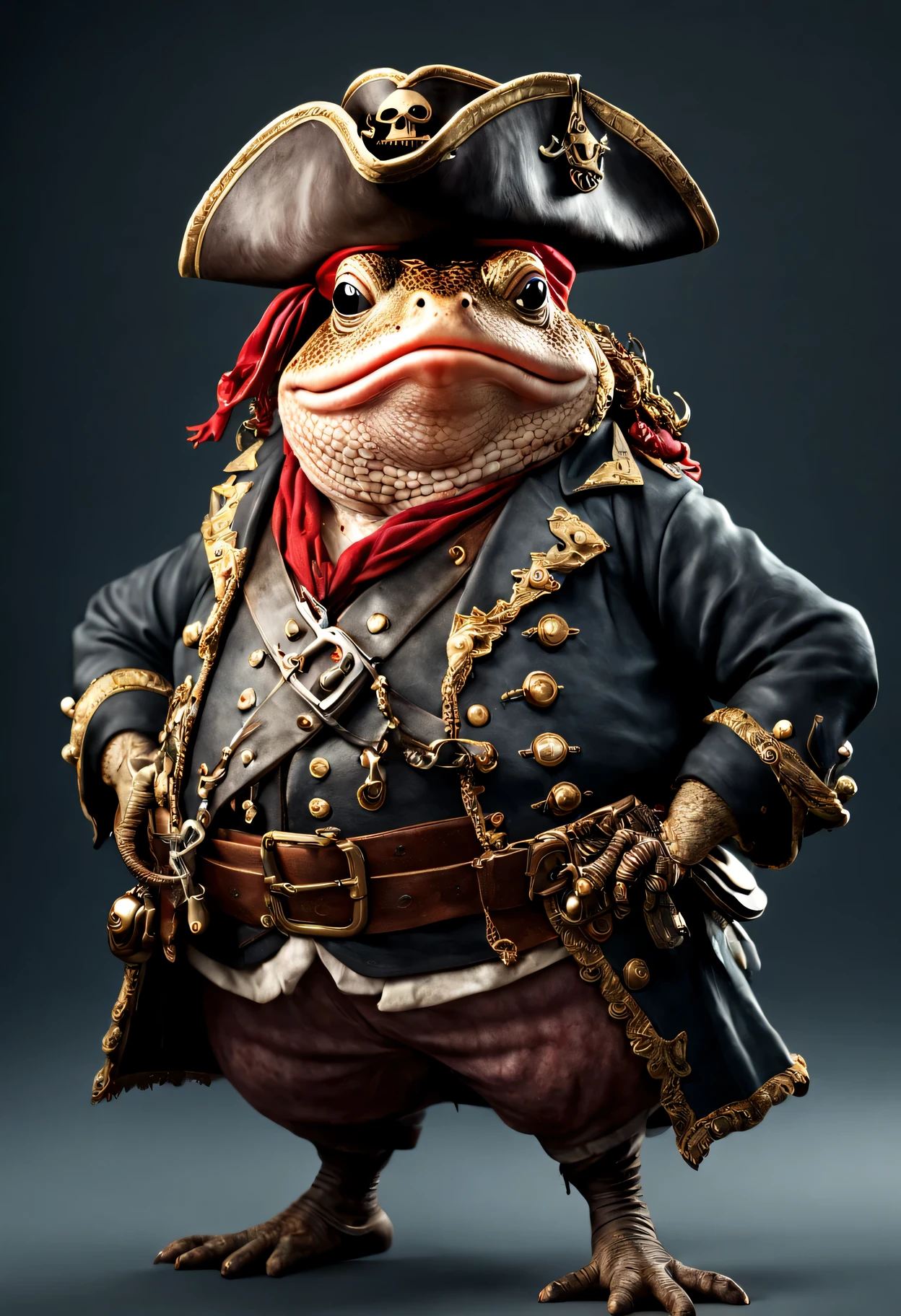 photorealistic portrait of Dressed animals - a ((fat)) toad pirate,(brave pose), high quality,(lovely) ,intricate details, highly detailed ((pirate's hat and clothes)) ,,highly detailed decorations, , (brave), studio lighting,(full body image:1.5)