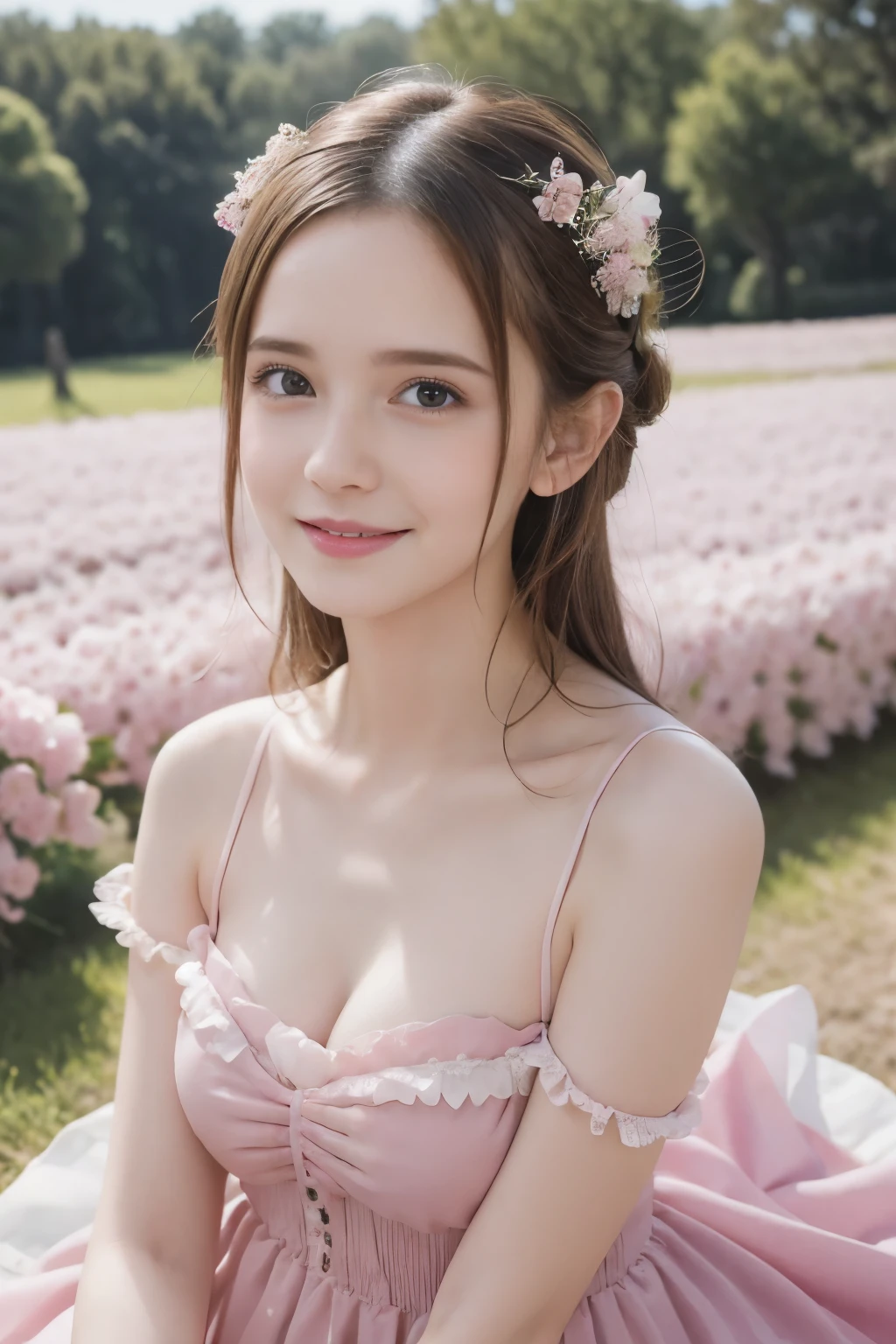 Masterpiece, Best quality, 8k, 18 ans, Photo brute, absurdes, Award-winning portrait, sourire, sourire, pure, french, elegant vibrant pink dress, spring, orchard in bloom, laces, famous singer, cute, sweet, cherry lips