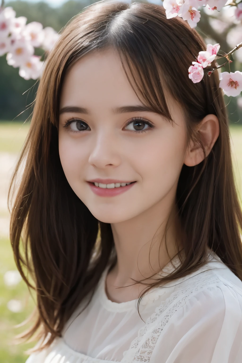 Masterpiece, Best quality, 8k, 18 ans, Photo brute, absurdes, Award-winning portrait, sourire, sourire, pure, french, pink dress, spring, , orchard in bloom, Italian