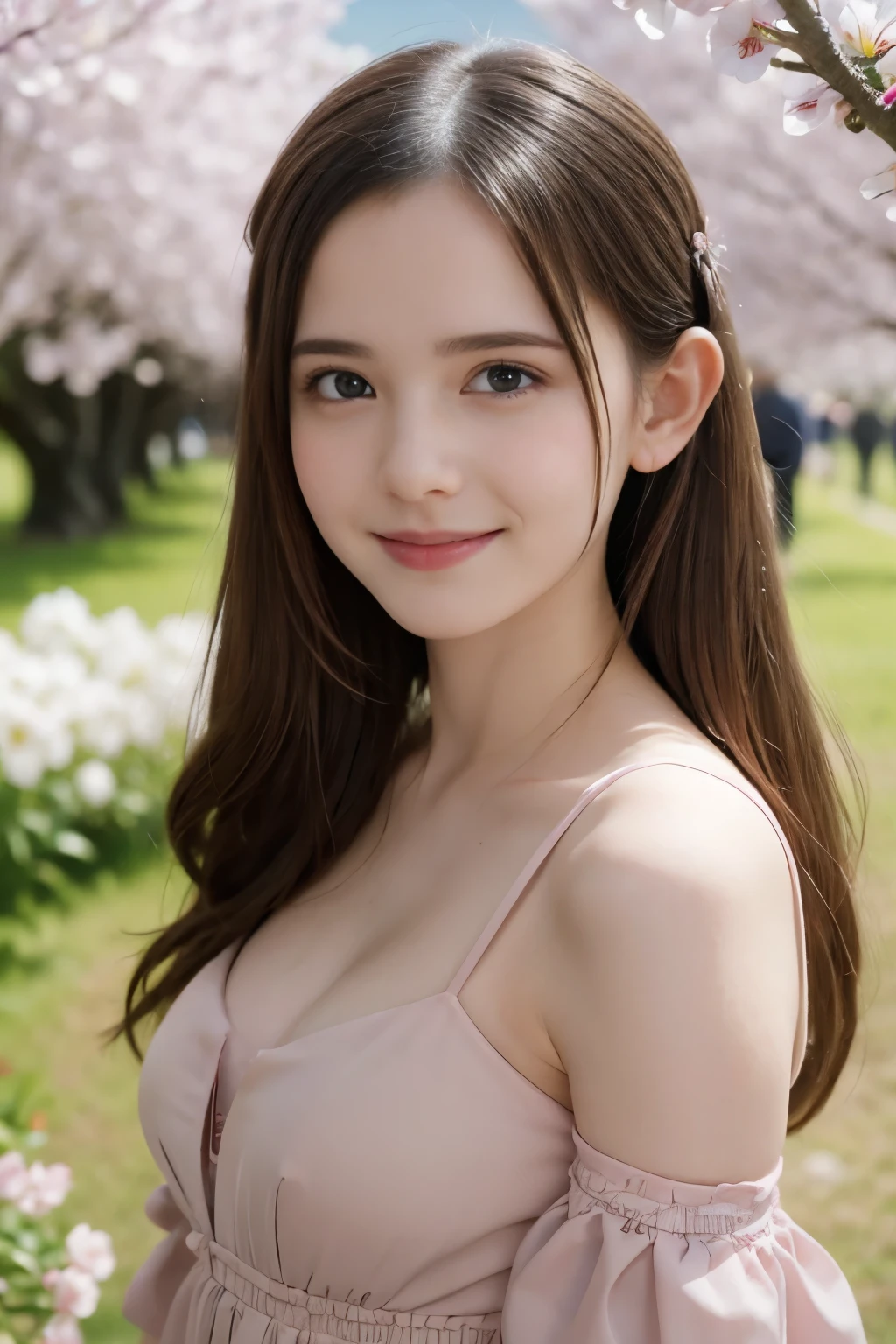 Masterpiece, Best quality, 8k, 18 ans, Photo brute, absurdes, Award-winning portrait, sourire, sourire, pure, french, pink dress, spring, , orchard in bloom, Italian