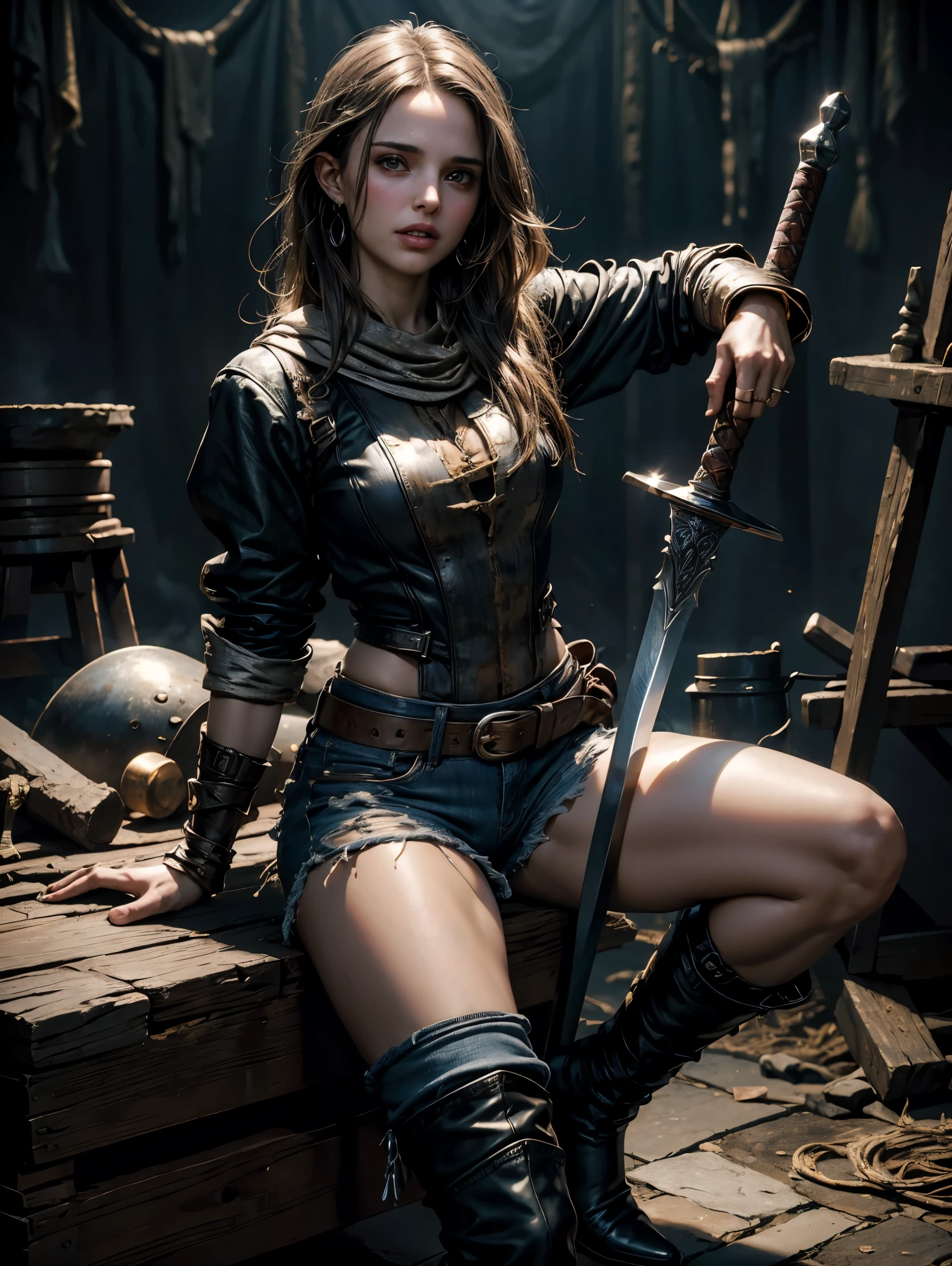 masterpiece. macabre, horror fantasy. detailed epic fantasy oil painting of beautiful blacksmith Natalie Portman. detailed stylish blacksmith costume, bandana, boots, denim shorts for the summer. athletic. gently slightly biting hammer with tongue. night. she leaning on anvil and sword. background event horizon. sweating.