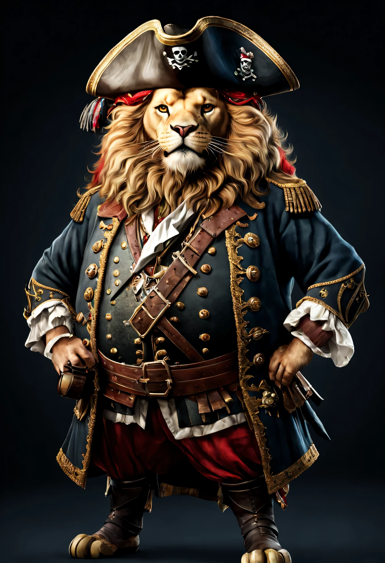 photorealistic portrait of Dressed animals - a ((fat)) lion pirate,(brave pose), high quality,(lovely) ,intricate details, highly detailed ((pirate's hat and clothes)) ,,highly detailed decorations, , (brave), studio lighting,(full body image:1.5)