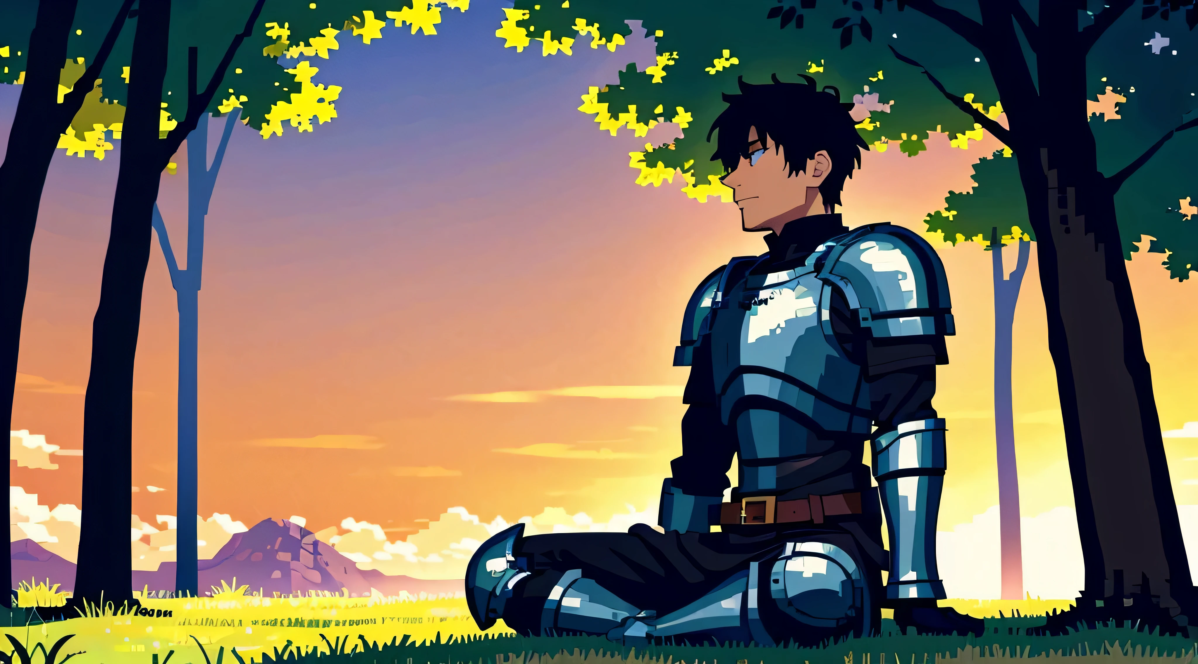 (best quality, masterpieces:1.2), 1 tired man, strong warrior, black short hair, middle ages, armor-clad, black armor, giant sword stuck in the ground, seated under a majestic tree, amidst a serene landscape, illuminated by the golden rays of the sunrise, symbolizing a new hope