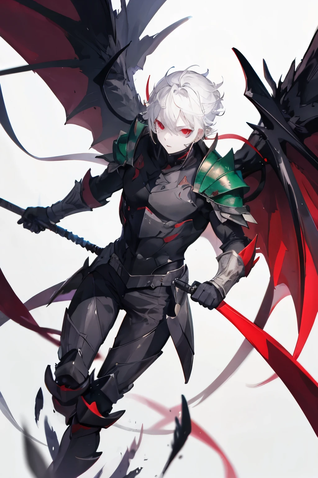 demon man with white hair black horn big wings black and red eyes green armor