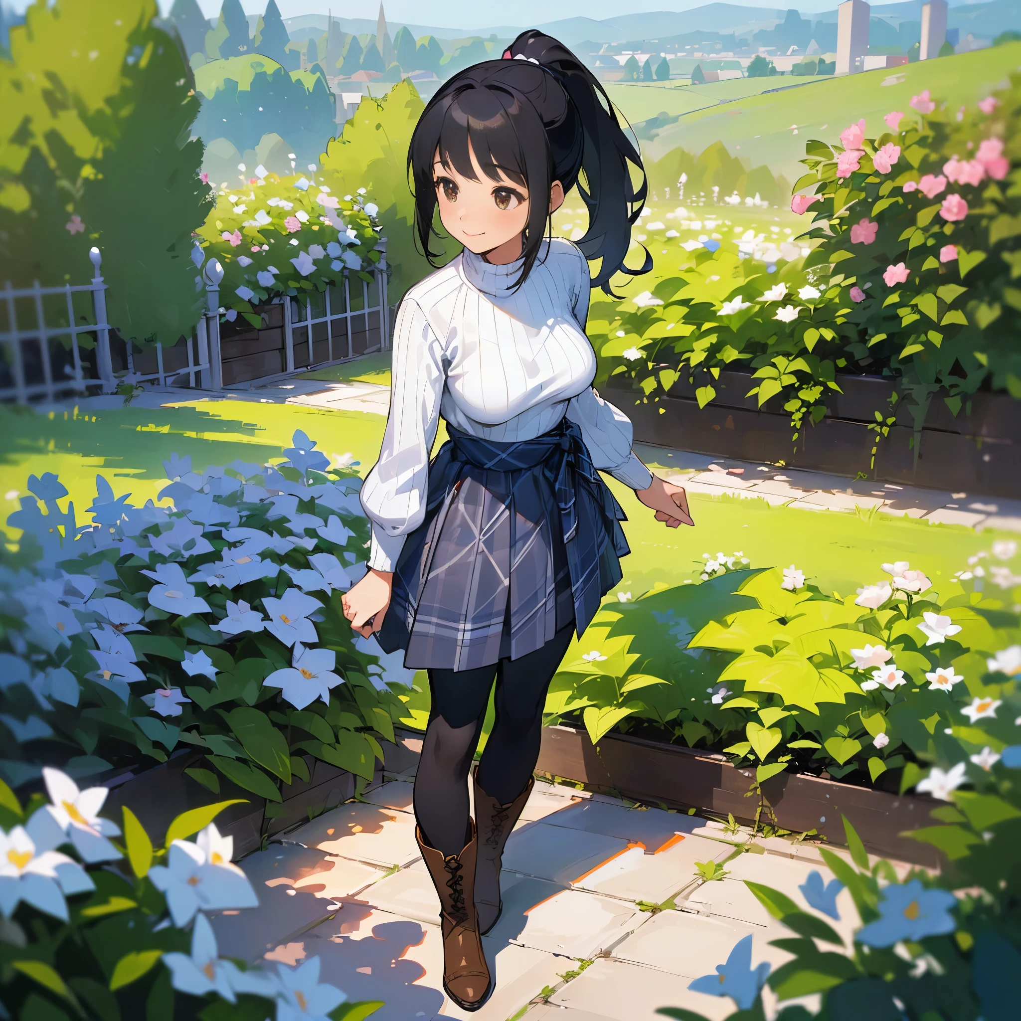 (high quality, high resolution, Super detailed, Reality:1.37), peaceful atmosphere, (outdoor, garden),  girl standing alone, (My breasts are big.), Beautiful detailed features, cute smile, (black hair ponytail), ribbed sweater, blue plaid skirt, Black tights, brown boots.