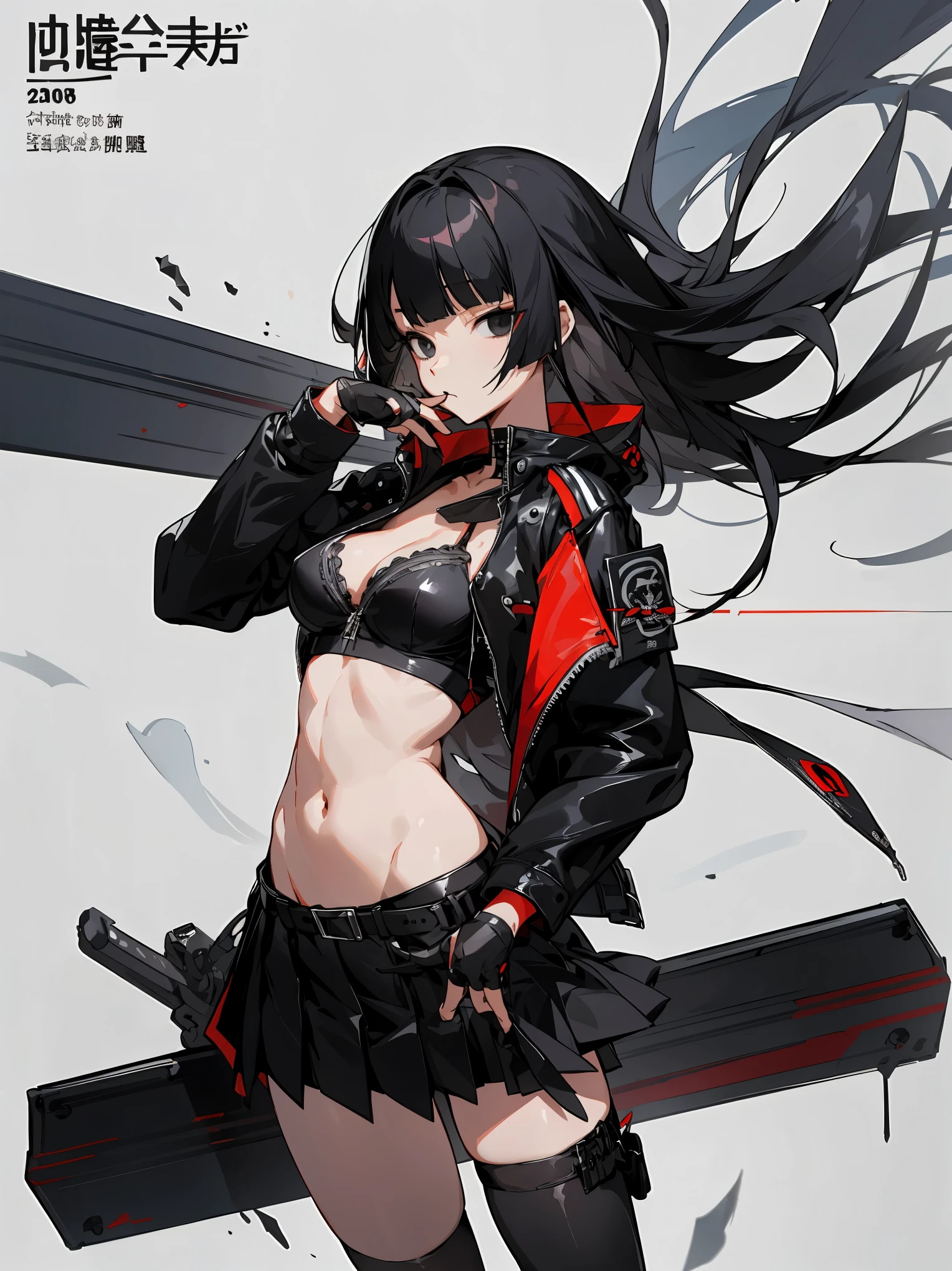 (character design sheet, same character, front, side, back、複数のポーズと表情、銃火器), high quality anime,Perfect Anatomy,1woman solo,28 year old beauty、black hair,long hair,blunt bangs,black eyes,slender body, ideal ratio body proportions,medium breasts,punk rock fashion、black leather jacket、black bra、Navel is visible、Black miniskirt、pleated skirt、thigh_gap, black_thighhighs,白色無地の背景、