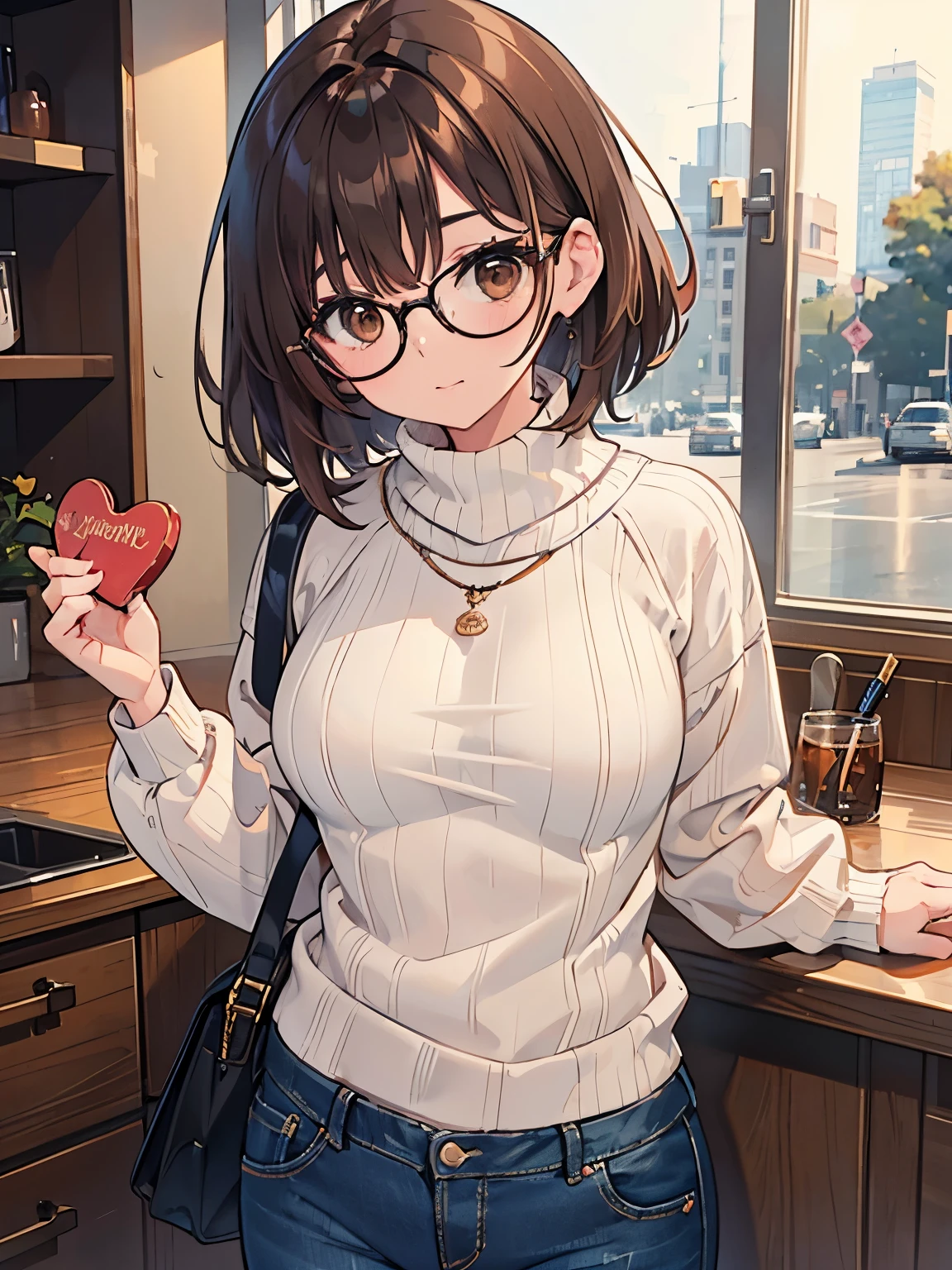 1 woman、brown hair(short)、brown eyes、black round glasses、 best quality、Super detailed、8K resolution、Raw photo、muste piece、seductive 、gorgeous face、perfect body、sweater、denim pants、valentine's day