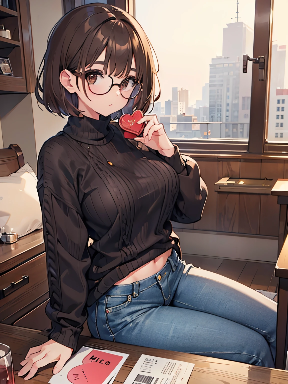 1 woman、brown hair(short)、brown eyes、black round glasses、 best quality、Super detailed、8K resolution、Raw photo、muste piece、seductive 、gorgeous face、perfect body、sweater、denim pants、valentine's day