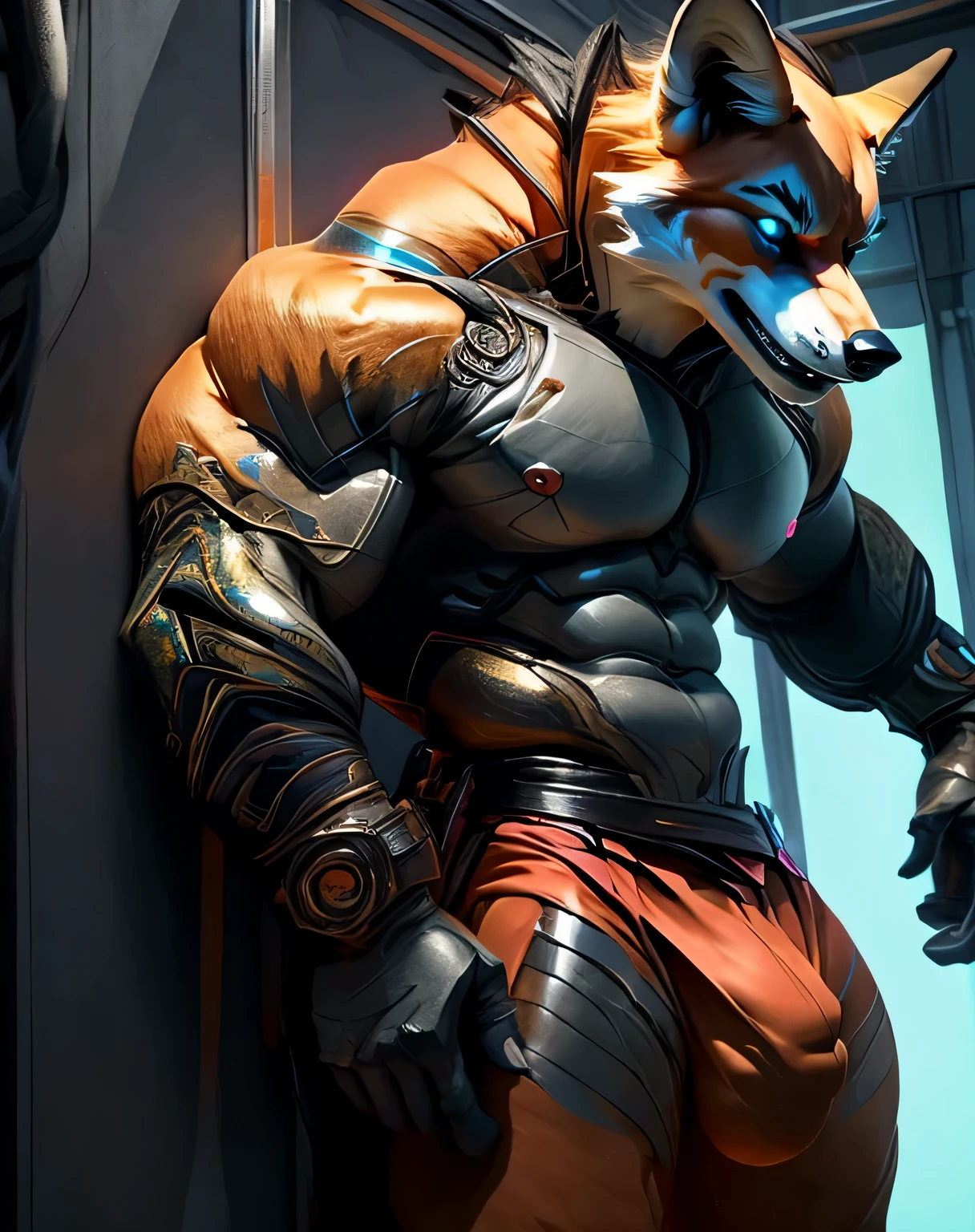 (mid_shot:1.3),(1 male:1.2),(muscle maned wolf:1.5),(frontal illumination:1.2),with a silver body and glitters with lights above,extreme iridescent reflection,in the style of vray tracing,vibrantmanga,shiny/ glossy,rococo pastel,fluid form,tinycore,fluid impressions,vray,machine aesthetics,yanjun cheng,silver,shiny eyes,fluidform.,the young warrior,male characteristics, detailed bulge, cyber