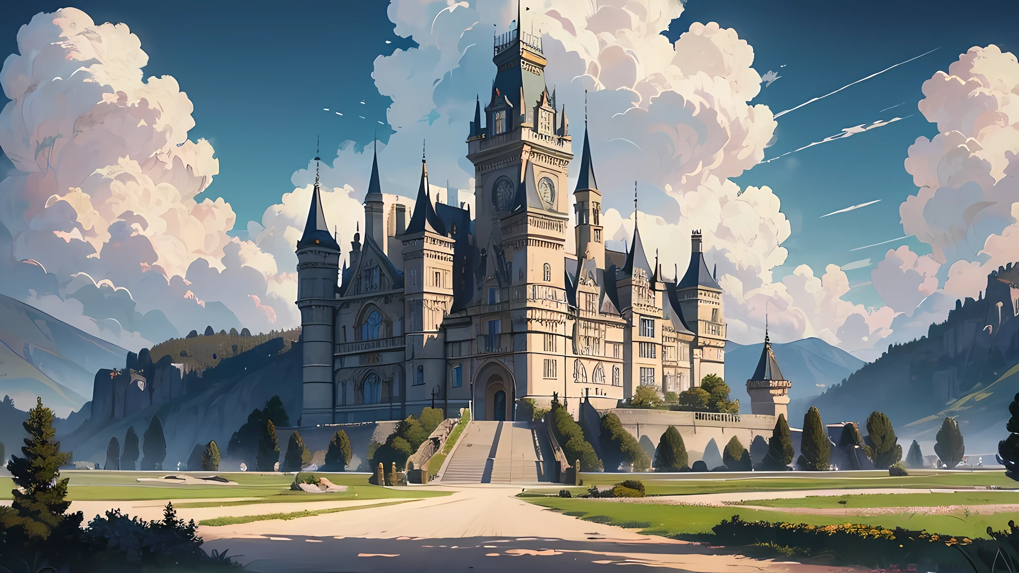 ((without people)) ((nobody)) Vintage Victorian style, Precise vintage encyclopedia (best quality:1.2), (detailed:1.2), (masterpiece:1.2), vintage illustrations of a medieval european castle on a mountain, clue sky white clouds
