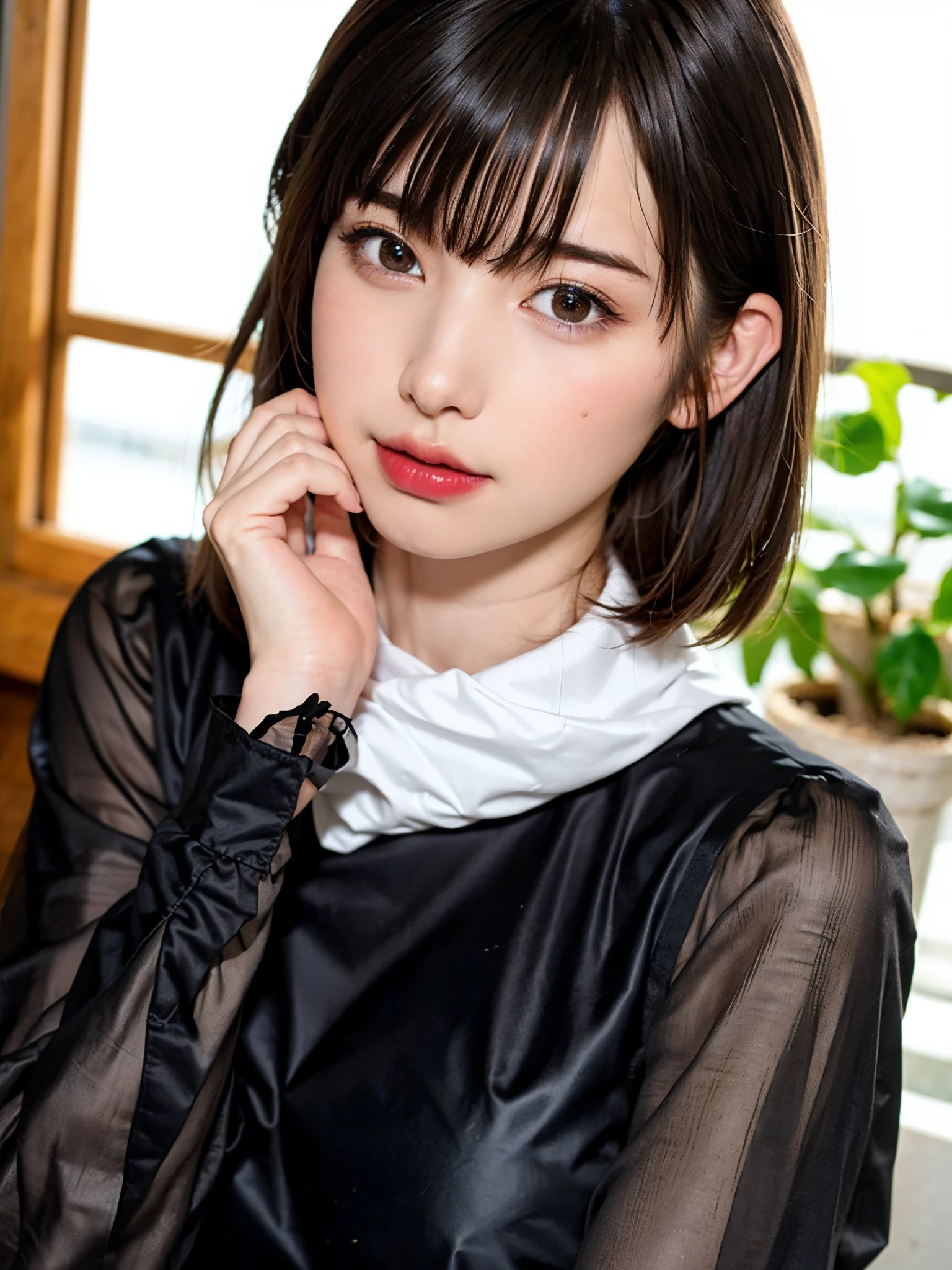 (table top, highest quality、high detail:1.4、very attractive beauty、Adds intense highlights to the eyes、look closely at the camera:1.4、Beautiful woman full of charm、ideal body proportions、perfect anatomy、brunette short bob hair、shiny hair、bangs:2、光沢のあるbangs:2、lip gloss),1 girl, Report, light brown shiny hair, scarf,realistic, looking at the viewer、Please tilt your head slightly, bright colored crystal light blue eyes, short and shiny hair、 chest中央に穴の開いた白いタートルネックの衣装,chestの真ん中に丸い穴のあるセクシーな白いタートルネック ニット セーター、 lips, lip gloss, Upper body、Big eyes、eyelash、face is a little red、embarrassing)、((italian road in winter))、((short hair with Big eyess、Give your students very powerful highlights、{Huge|big|Hugeな|mega} chest:2、very bigger chest:2、look at the audience、very beautiful beauty、show me your ears、long neck、smile a little、beautiful teeth、open your mouth and smile、heart shaped eyes))、28 years old、very cute super model、portrait:2、close your face:2