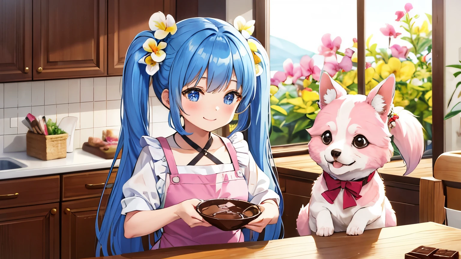 A kitchen full of orchid flowers、A pet dog and a girl、blue long hair、Hair style is twin tails、A happy smile、yellow costume and floral apron、making chocolate for valentine、