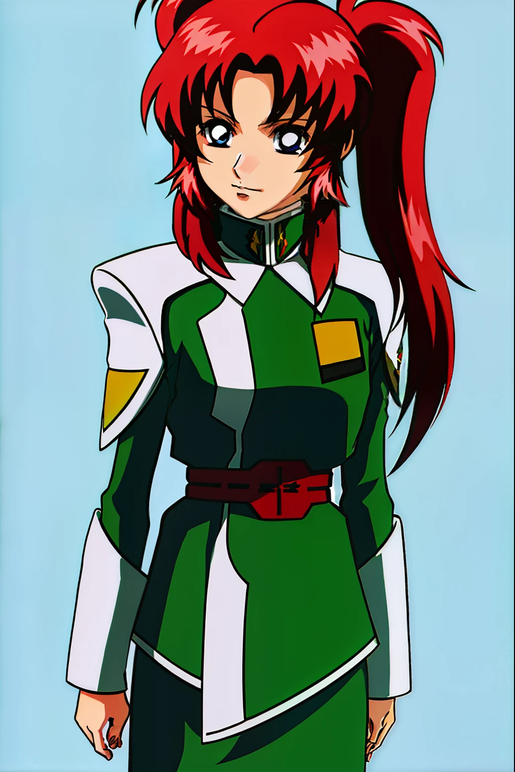 Anime girl with red hair wearing a green and white uniform, lady palutena, Boromir of 80 years\'s anime world, Gainax anime style, Makoto, Inspired by Leiko Ikemura, kakyoin, shinkai Makoto, Inspired by Rei Kamoi, with shoulder pads, rogue anime girl, fubuki