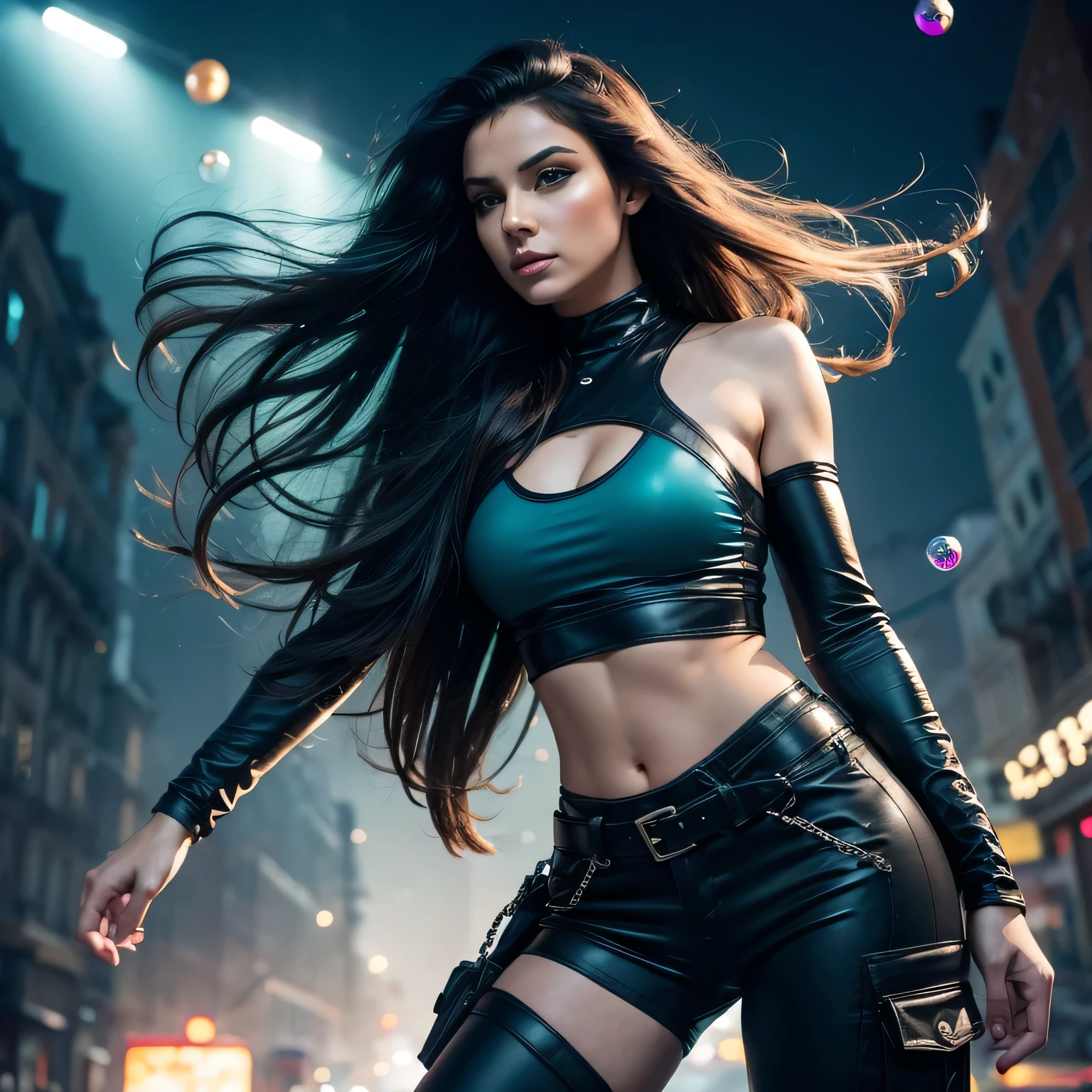 Drunk pretty woman like Sandman Rave, (hallucinating colorful soap bubbles), por Jeremy Mann, Por Sandra Chevrier, por dave mckean e richard avedon e maciej kuciara, punk rock,  do tanque, altamente detalhado, 8k, award-winning half-length portrait of a woman in a crop top and cargo pants with teal navy blue ombre hairstyle with moving head and flowing hair, respingos de tinta, Espirrar, Fugir, vaporware, flat shaded illustration, arte digital, trends on artstation, altamente detalhado, detalhe fino, intricado