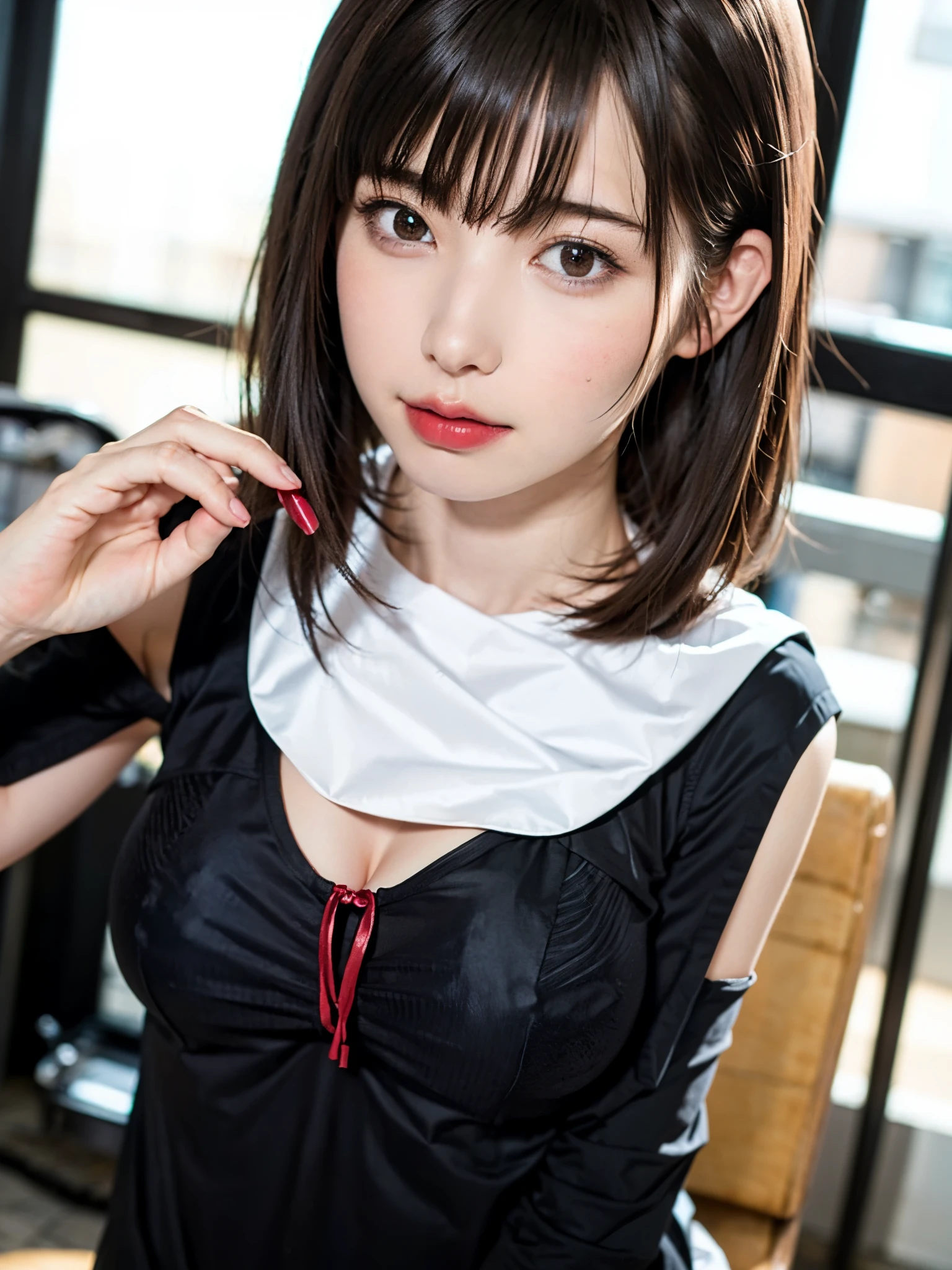 (table top, highest quality、high detail:1.4、very attractive beauty、Adds intense highlights to the eyes、look closely at the camera:1.4、Beautiful woman full of charm、ideal body proportions、perfect anatomy、brunette short bob hair、shiny hair、bangs:2、光沢のあるbangs:2、lip gloss),1 girl, Report, light brown shiny hair, scarf,realistic, looking at the viewer、Please tilt your head slightly, bright colored crystal light blue eyes, short and shiny hair、 chest中央に穴の開いた白いタートルネックの衣装,chestの真ん中に丸い穴のあるセクシーな白いタートルネック ニット セーター、 lips, lip gloss, Upper body、Big eyes、eyelash、face is a little red、embarrassing)、((italian road in winter))、((short hair with Big eyess、Give your students very powerful highlights、{Huge|big|Hugeな|mega} chest:2、very bigger chest:2、look at the audience、very beautiful beauty、show me your ears、long neck、smile a little、beautiful teeth、open your mouth and smile、heart shaped eyes))、28 years old、very cute super model、portrait:2、close your face:2