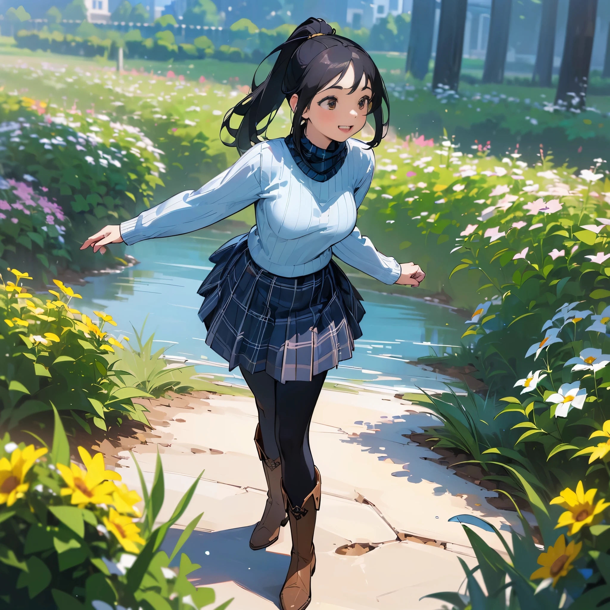 (high quality, high resolution, Super detailed, Reality:1.37), peaceful atmosphere, (outdoor, garden), age girl standing alone, (My breasts are big.), Beautiful detailed features, cute smile, (black hair ponytail), ribbed sweater, blue plaid skirt, Black tights, brown boots.