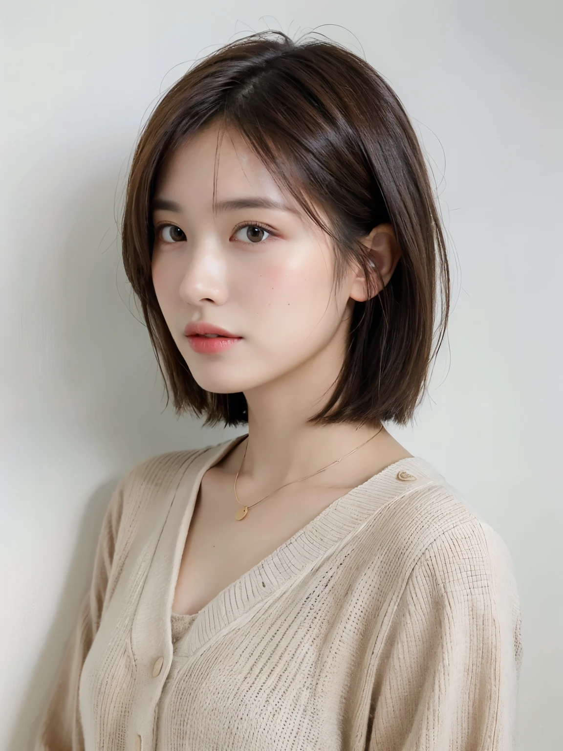 ((highest quality, 8K, masterpiece :1.3)), 1 girl, (bob hair、short hair,Taken in front of a white wall :1.2)、Shot in natural light、pastel cardigan :1.1, Angle from above、super detailed face, fine eyes,(Highly realistic photos, High resolution, detailed face, fine eyes)、japanese woman, 35 years old, Variety of facial expressions, alone:1, different hairstyles, casual clothes, Only one person appears in the photo、long sleeve dress、Shot in natural light、simple necklace、Spring clothes、Don't look at the camera、profile、Dark brown hair color