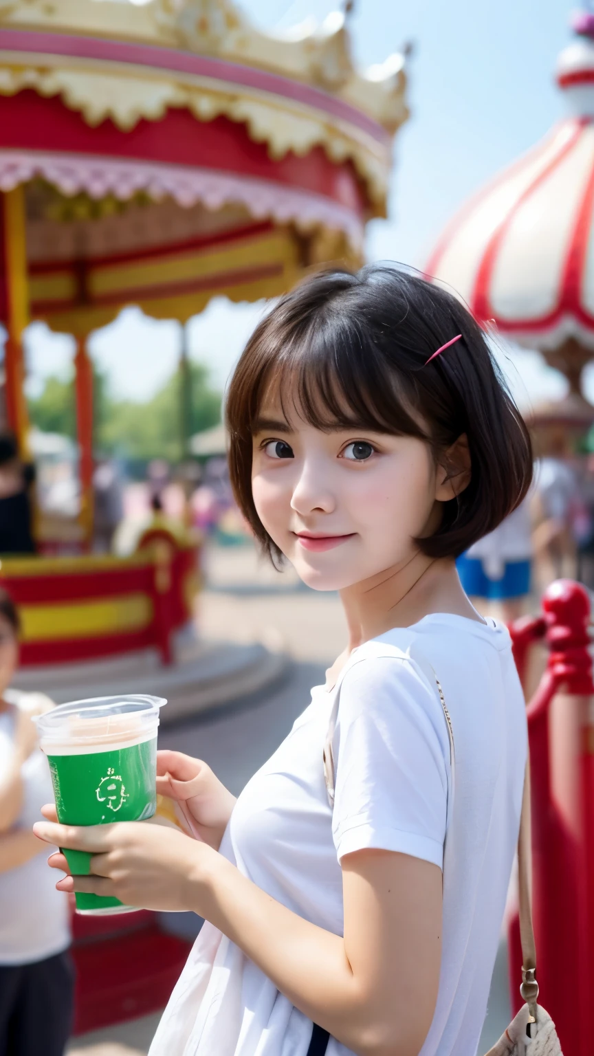 A beautiful -facel with short hair and big eyes goes on a date at an amusement park.