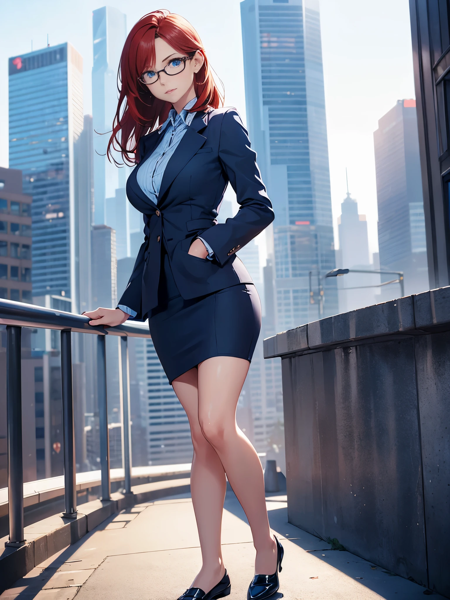 1girl, medium breasts, bare legs, shoes, shoes, city backdrop, solo, single, standing, full body shot, cowboy shot, beautiful detailed eyes, blue eyes, mature lady, glasses, office lady, blue suit, blue pencil skirt, miniskirt, red hair, medium hair
